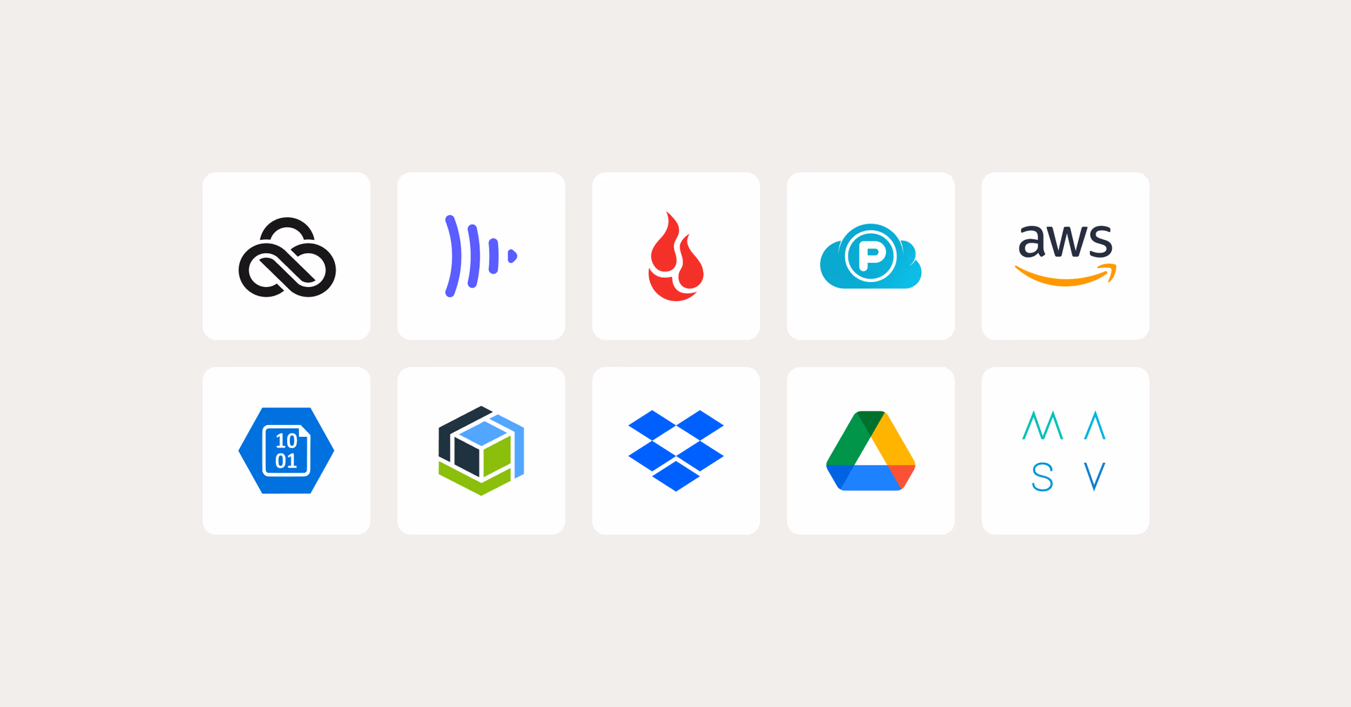 A two-row grid display of ten popular cloud storage and data platform logos, including LucidLink, AWS, Dropbox, and Google Drive and more..