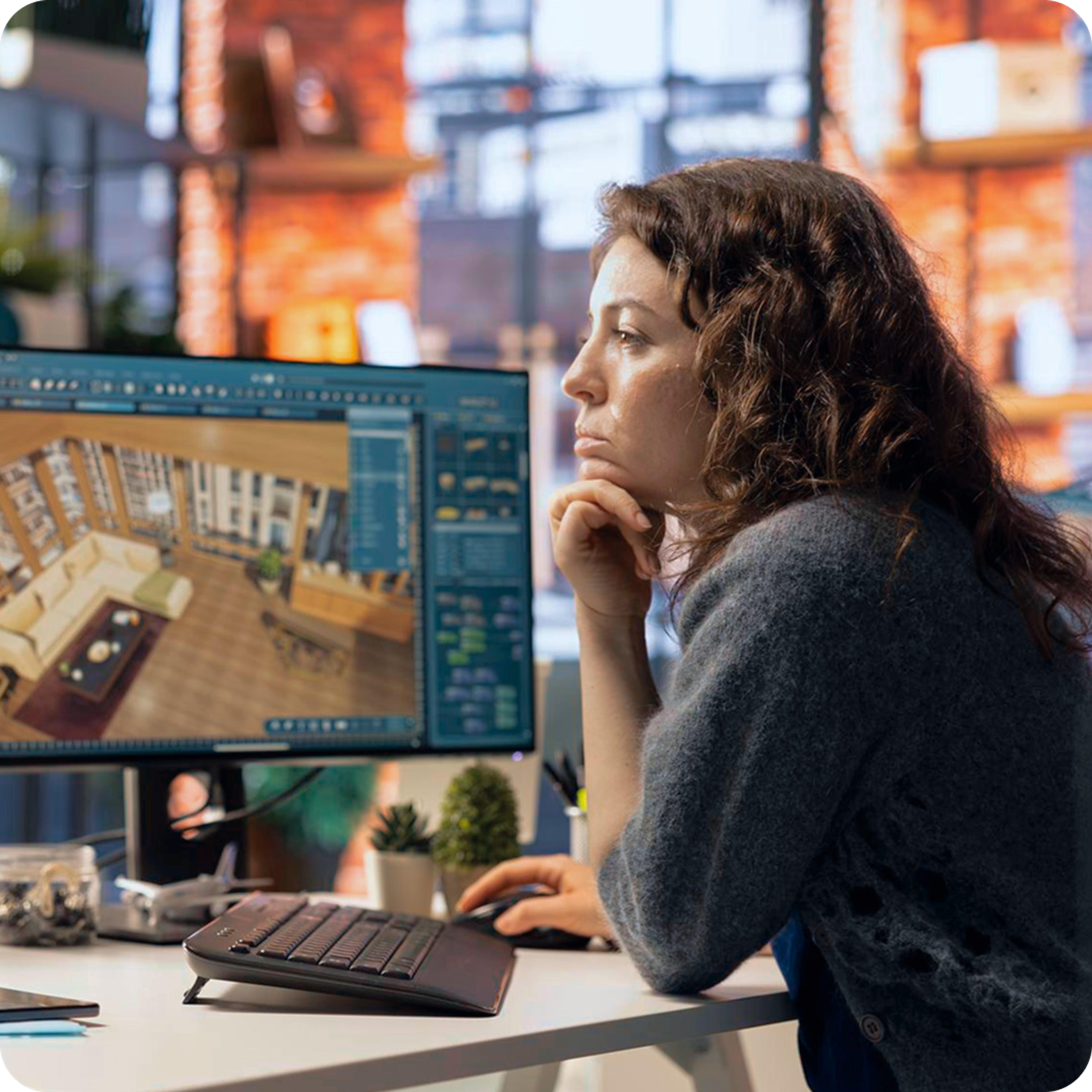 A woman working on an AEC project on a PC.