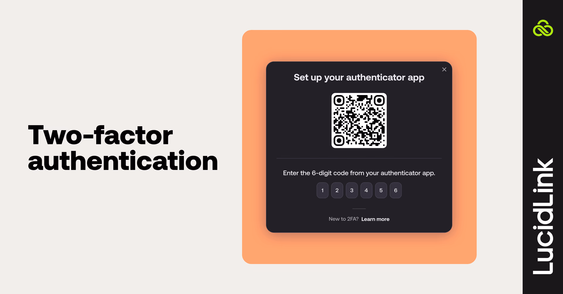 LucidLink two-factor authentication setup screen with QR code and 6-digit code entry.