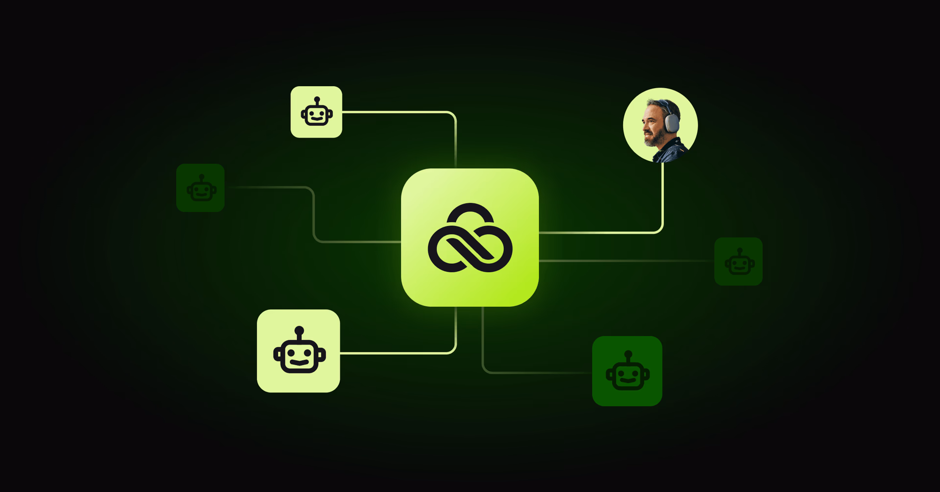 LucidLink logo at the center of a network of AI agents and a human user.