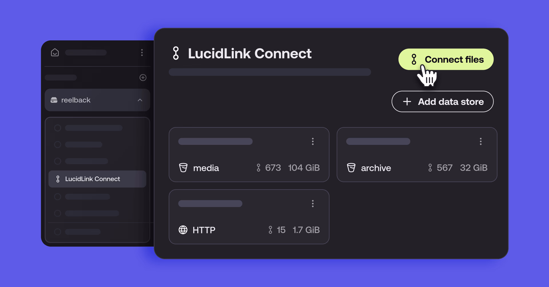 Screenshot of LucidLink Connect with data store cards and the Connect files button highlighted.