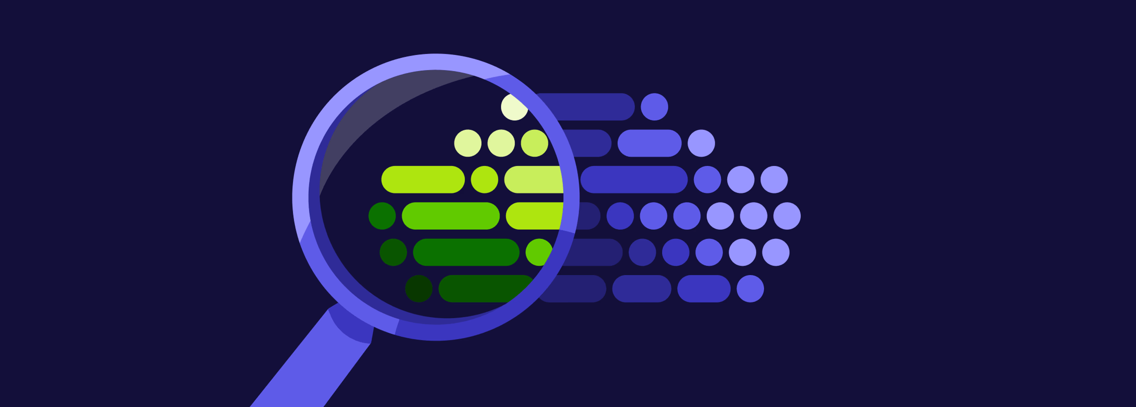 A magnifying glass revealing green shapes within an abstract pattern of dots and bars.