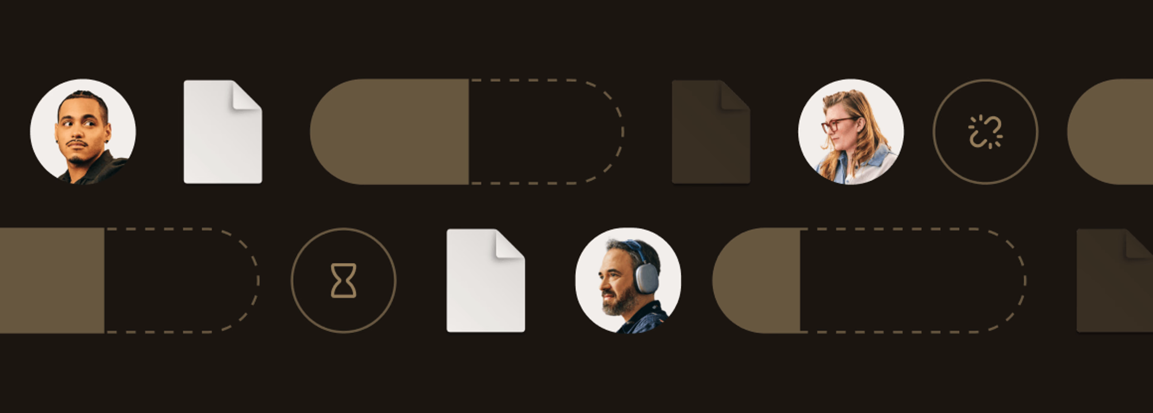 Icon row of people, documents, half-filled toggle switches, an hourglass, and a broken link.