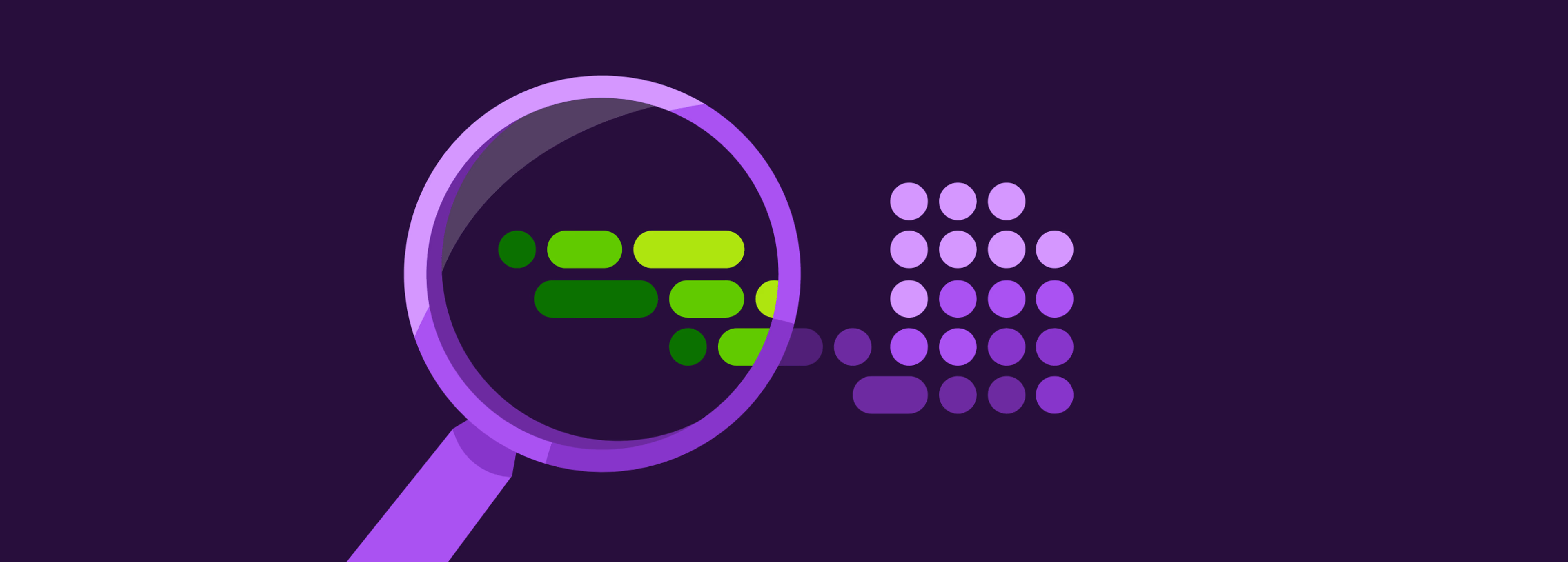 A magnifying glass revealing green shapes within an abstract pattern of dots and bars.