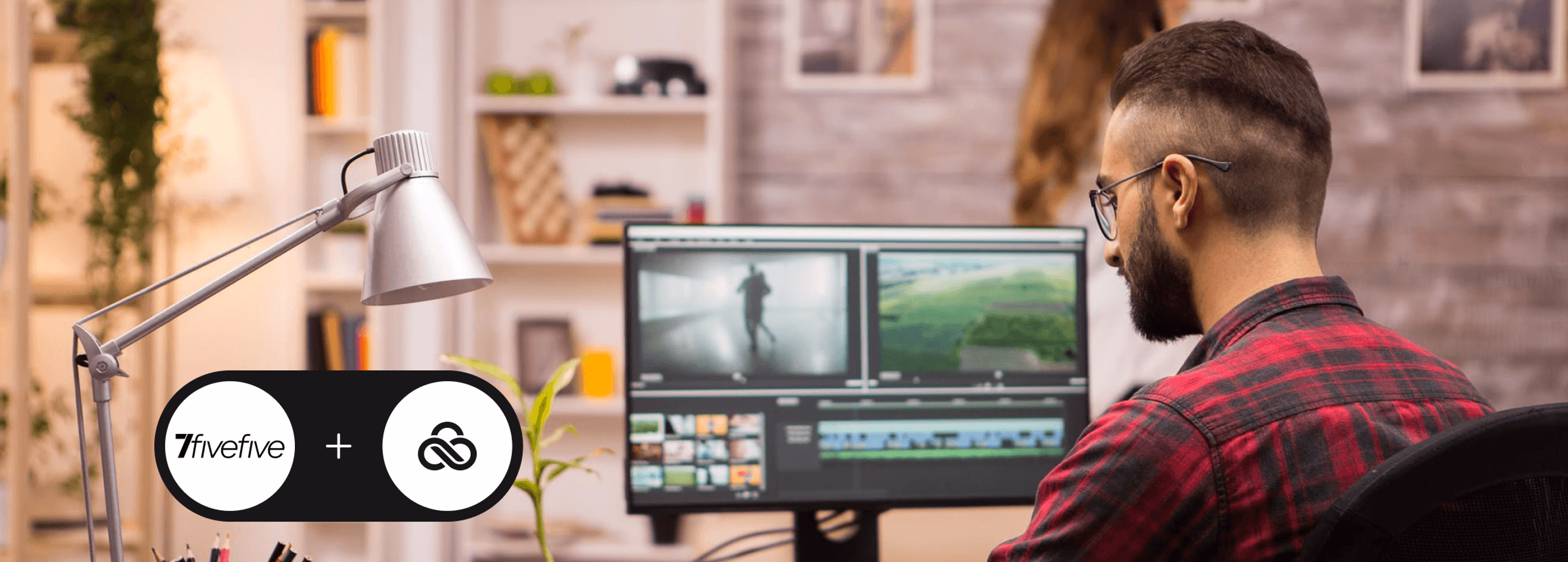 A person editing video at a home studio.