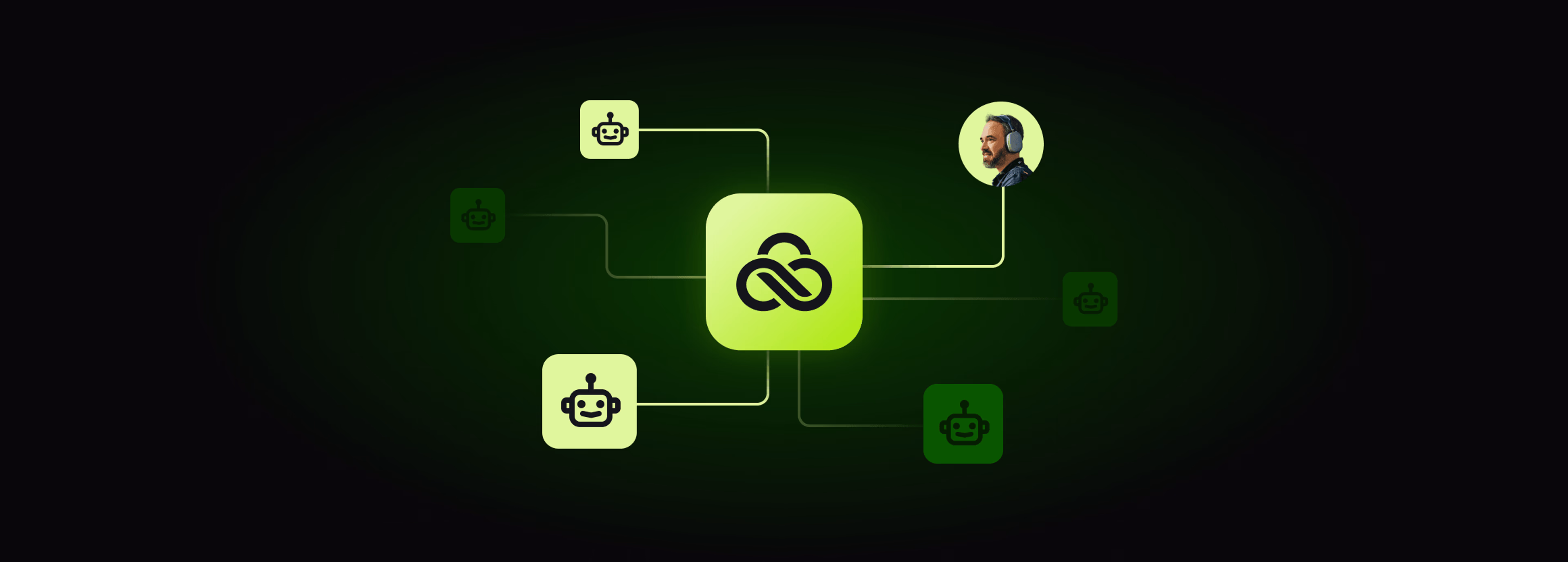 LucidLink logo at the center of a network of AI agents and a human user.