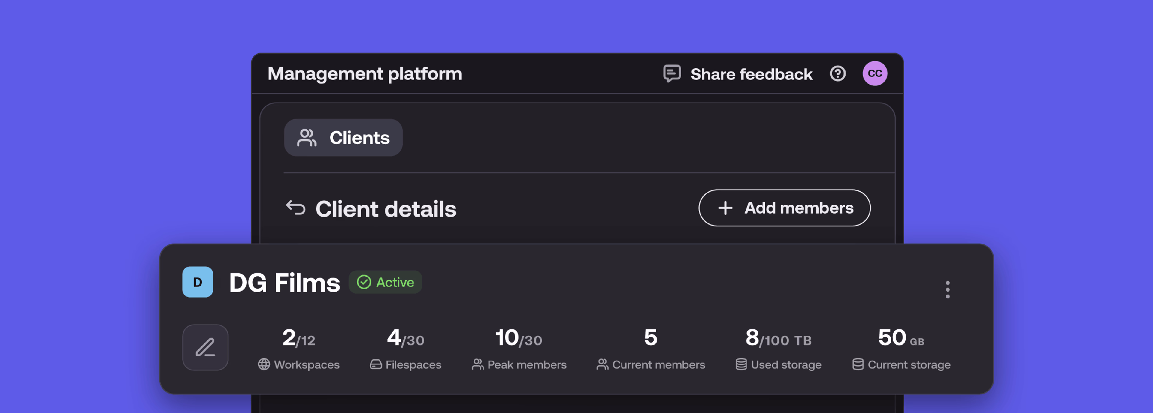 LucidLink management platform showing client details, usage stats, and storage for DG Films.
