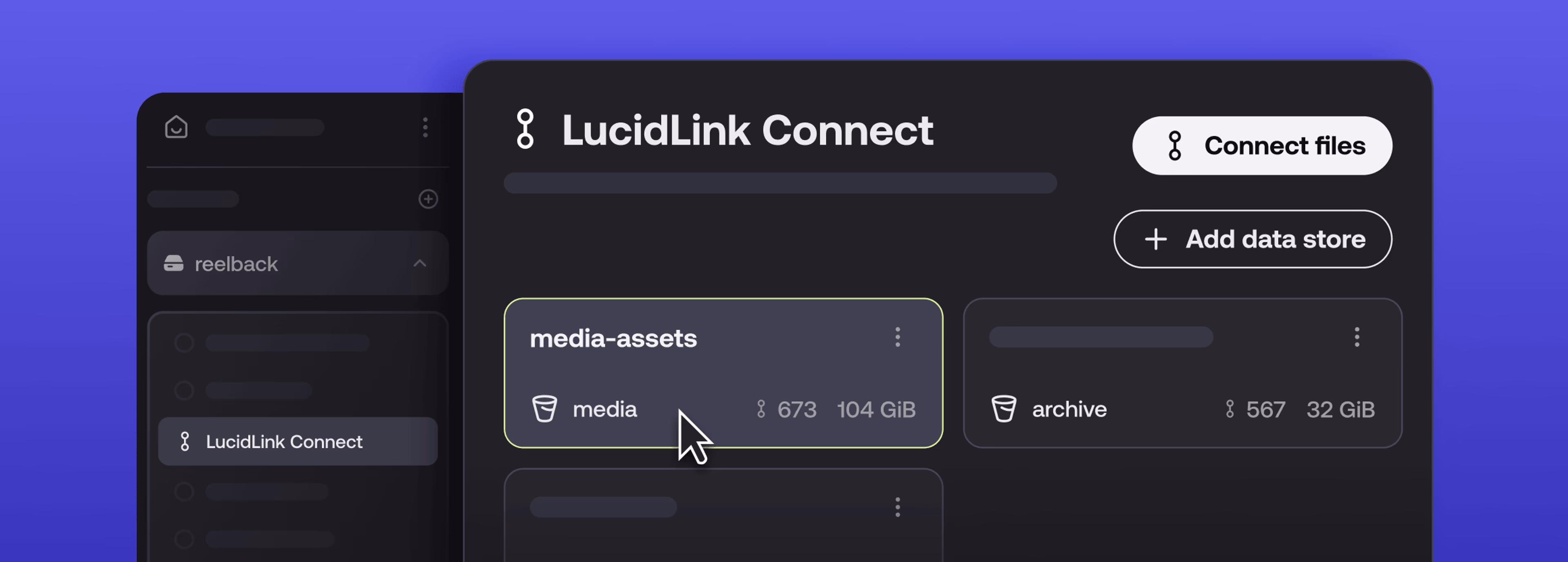 Screenshot of LucidLink Connect showing data store cards with file counts and sizes.
