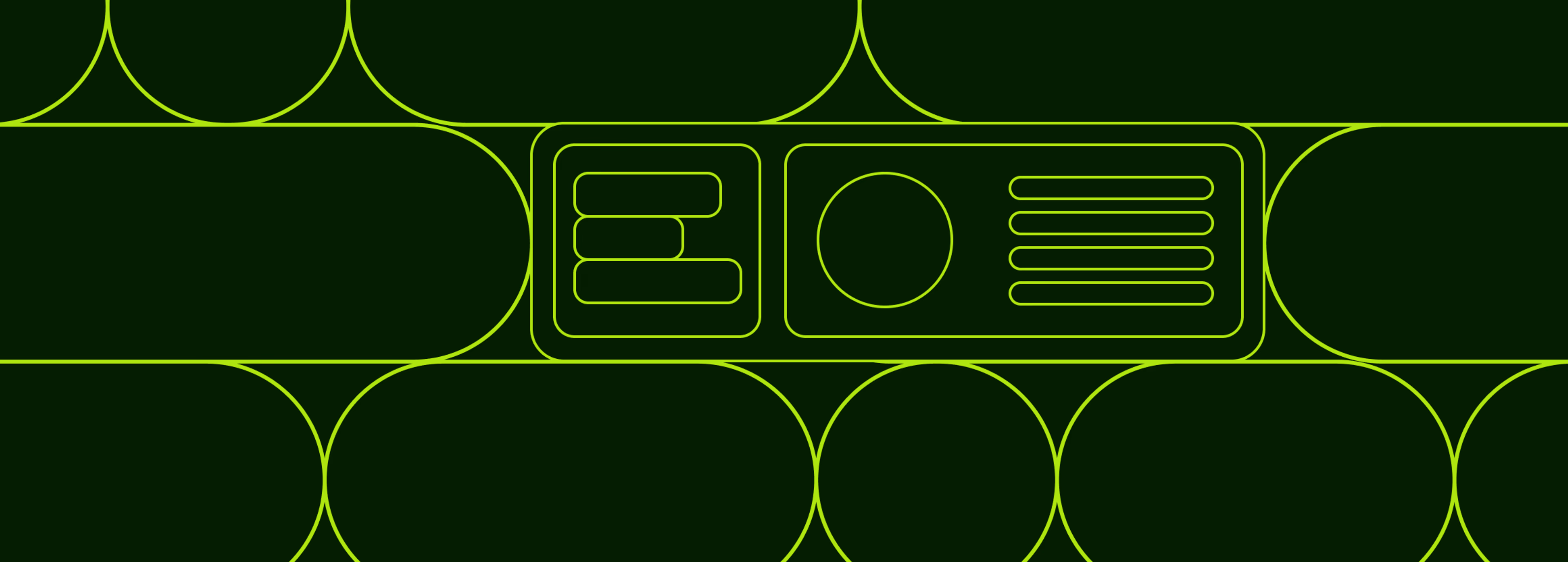 Line-art icon of a profile card with text fields and a circular photo, set against a repeating rounded-shape pattern.