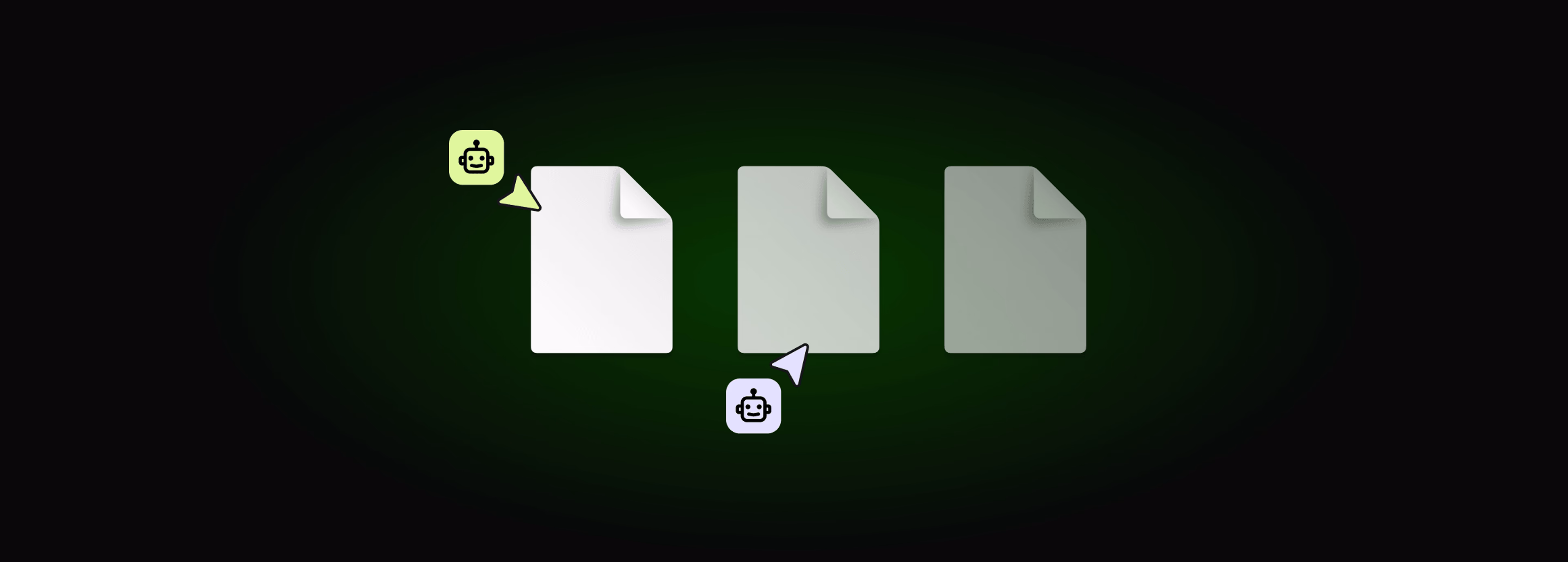 Three document icons on a dark green background with two AI agent cursors pointing at them.