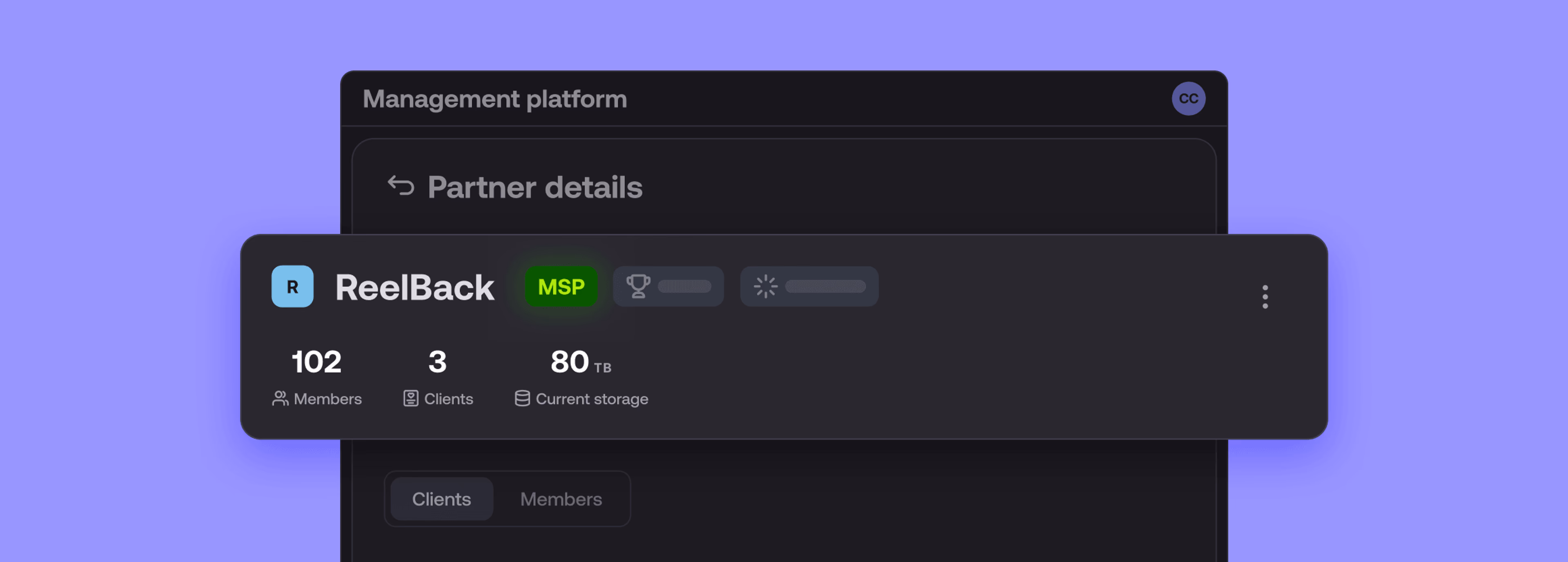 LucidLink MSP dashboard for 'ReelBack' workspace showing 102 members, 3 clients, and 80TB current storage.