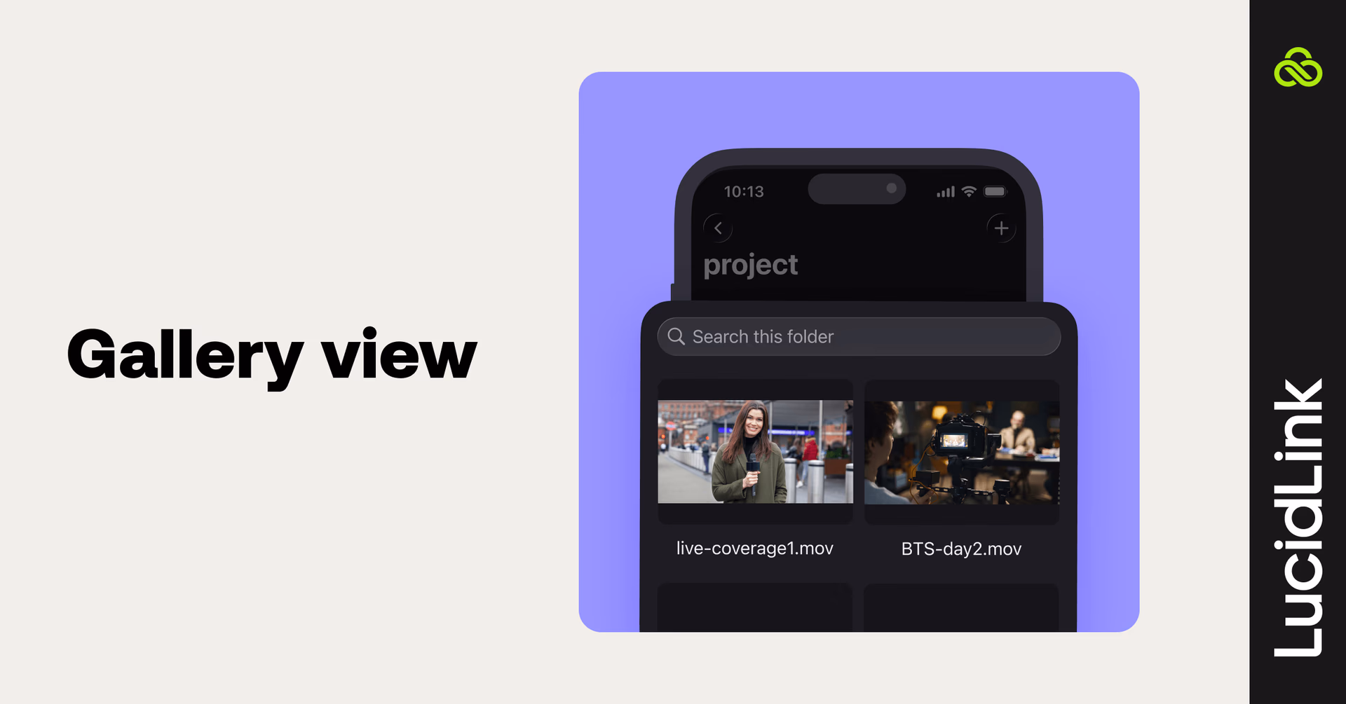 Phone mockup showcasing video thumbnails inside the LucidLink mobile app interface.