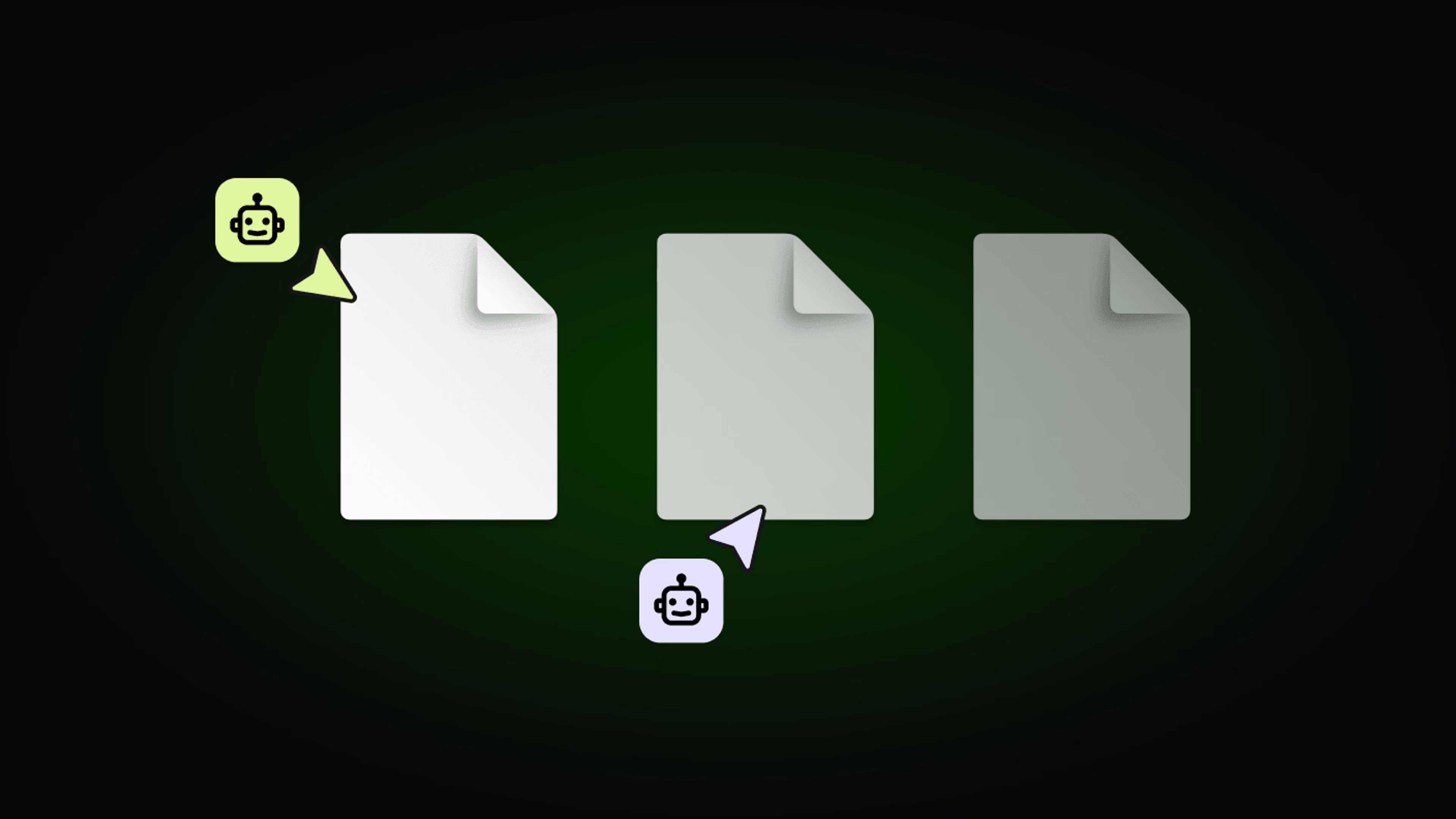 Illustration of three document icons on a dark green background with two AI agent cursors pointing at them, representing AI agents working with files.