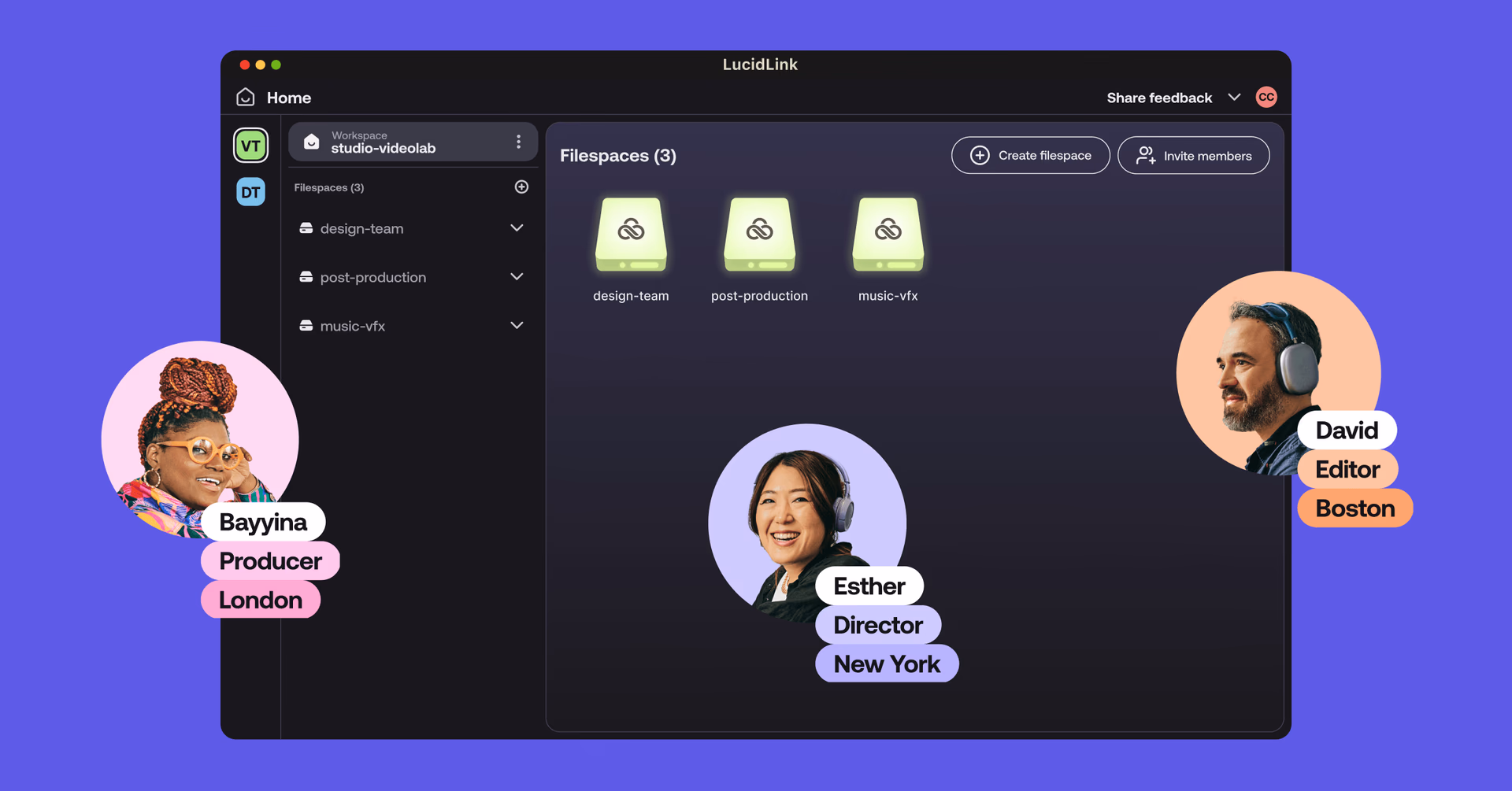 LucidLink dashboard with three active cloud Filespaces, surrounded by three global team members in London, New York, and Boston.