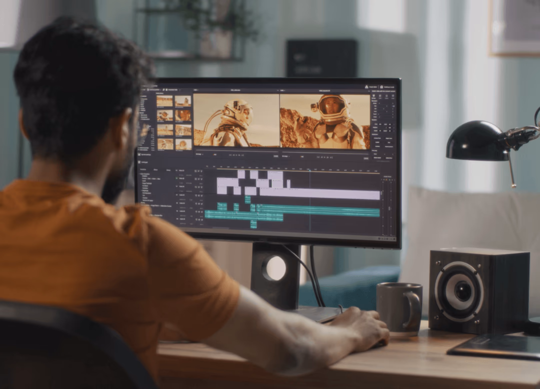 Person editing a video on a large monitor at a home studio setup.