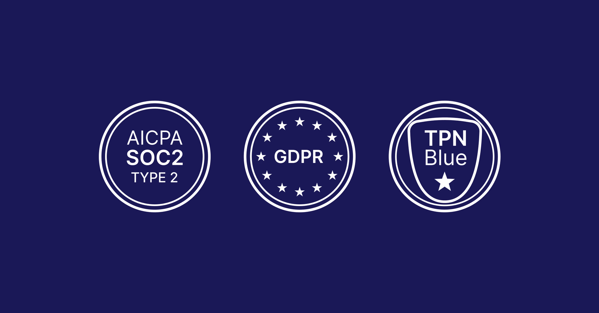 AICPA SOC2 Type 2, GDPR, and TPN Blue compliance certification badges.