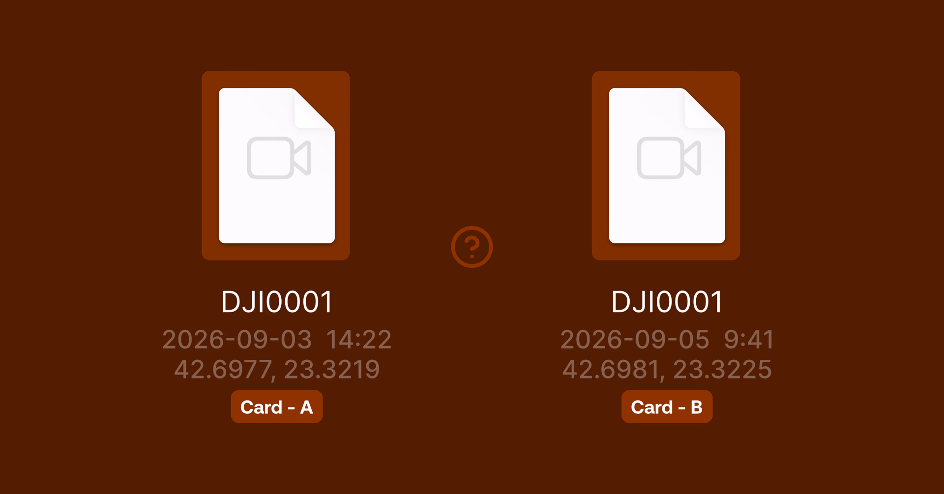 Two identically named video files with different timestamps and GPS coordinates.