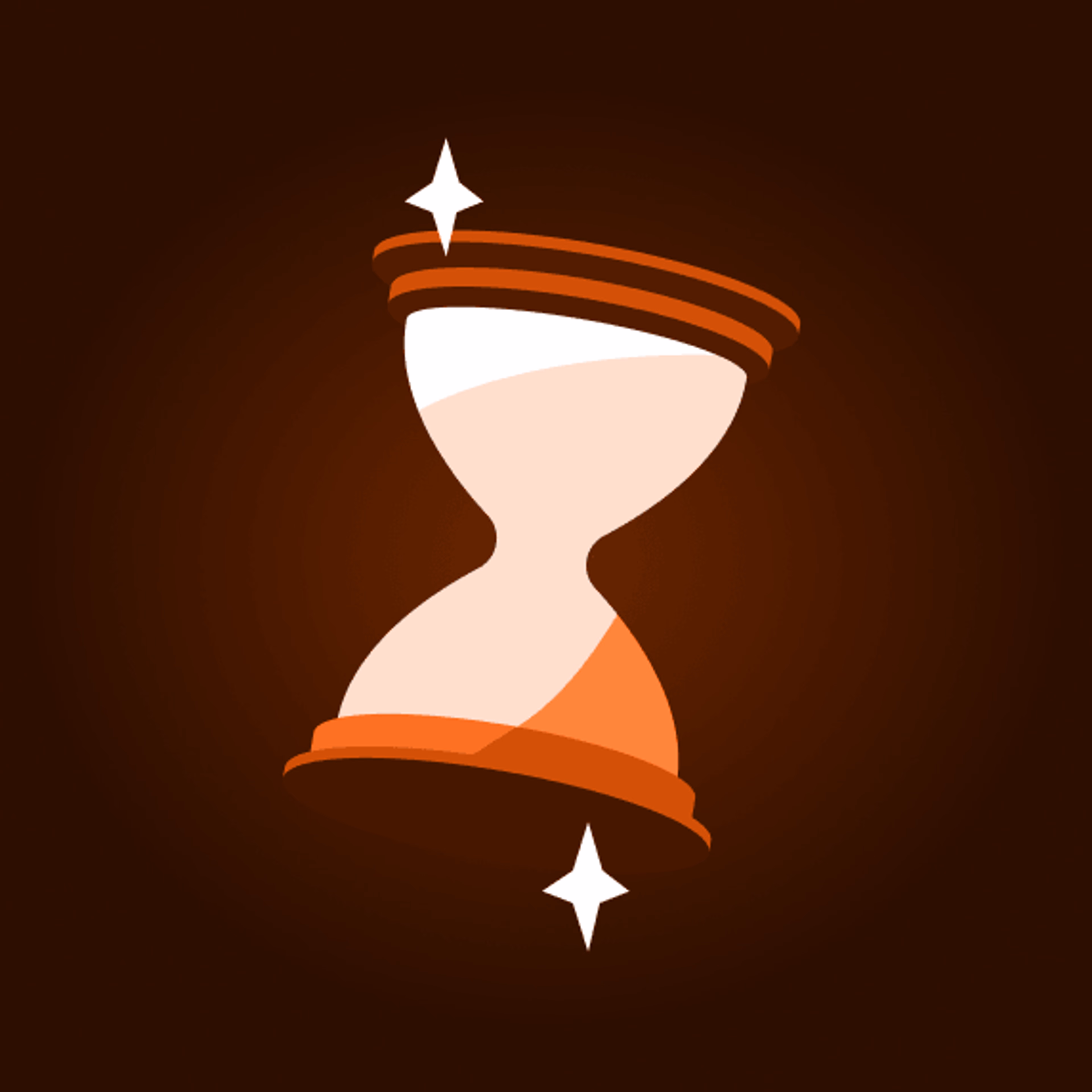 Illustration of an orange hourglass with sparkles on a dark background.