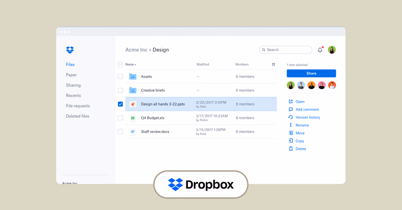 Dropbox interface