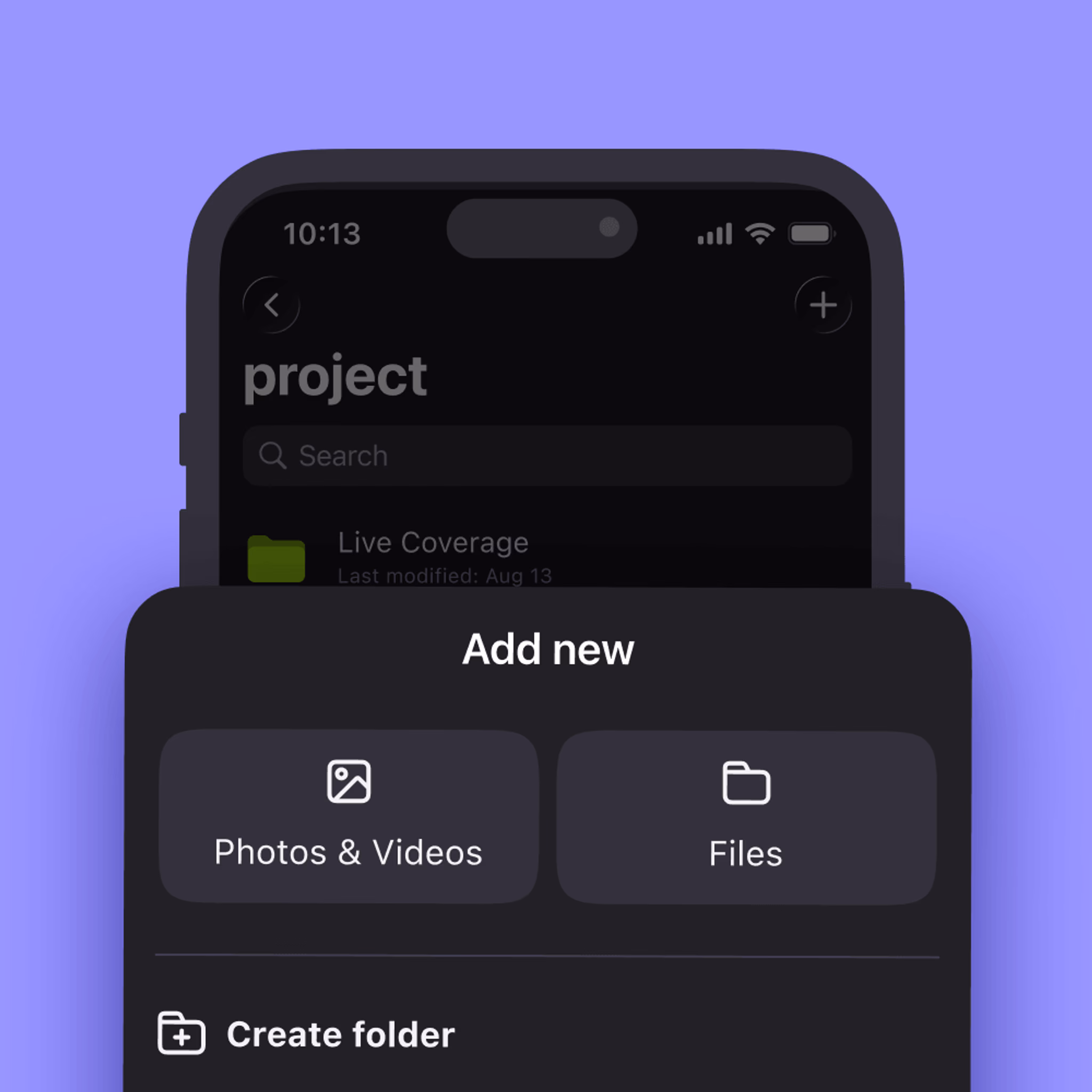The LucidLink mobile app interface showcasing options to directly upload video files.