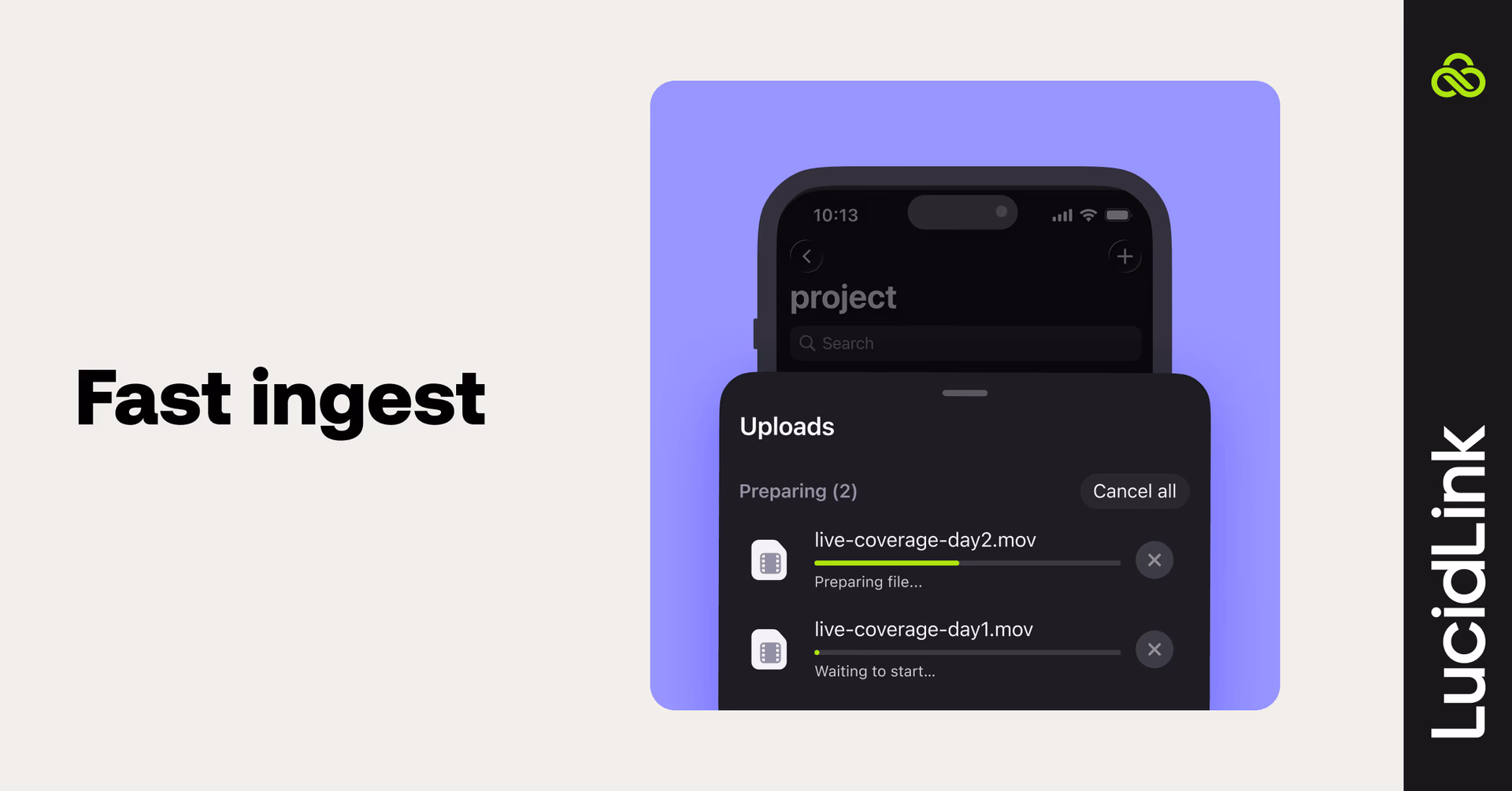 Mobile device mockup showcasing video files uploading in the LucidLink mobile app interface.