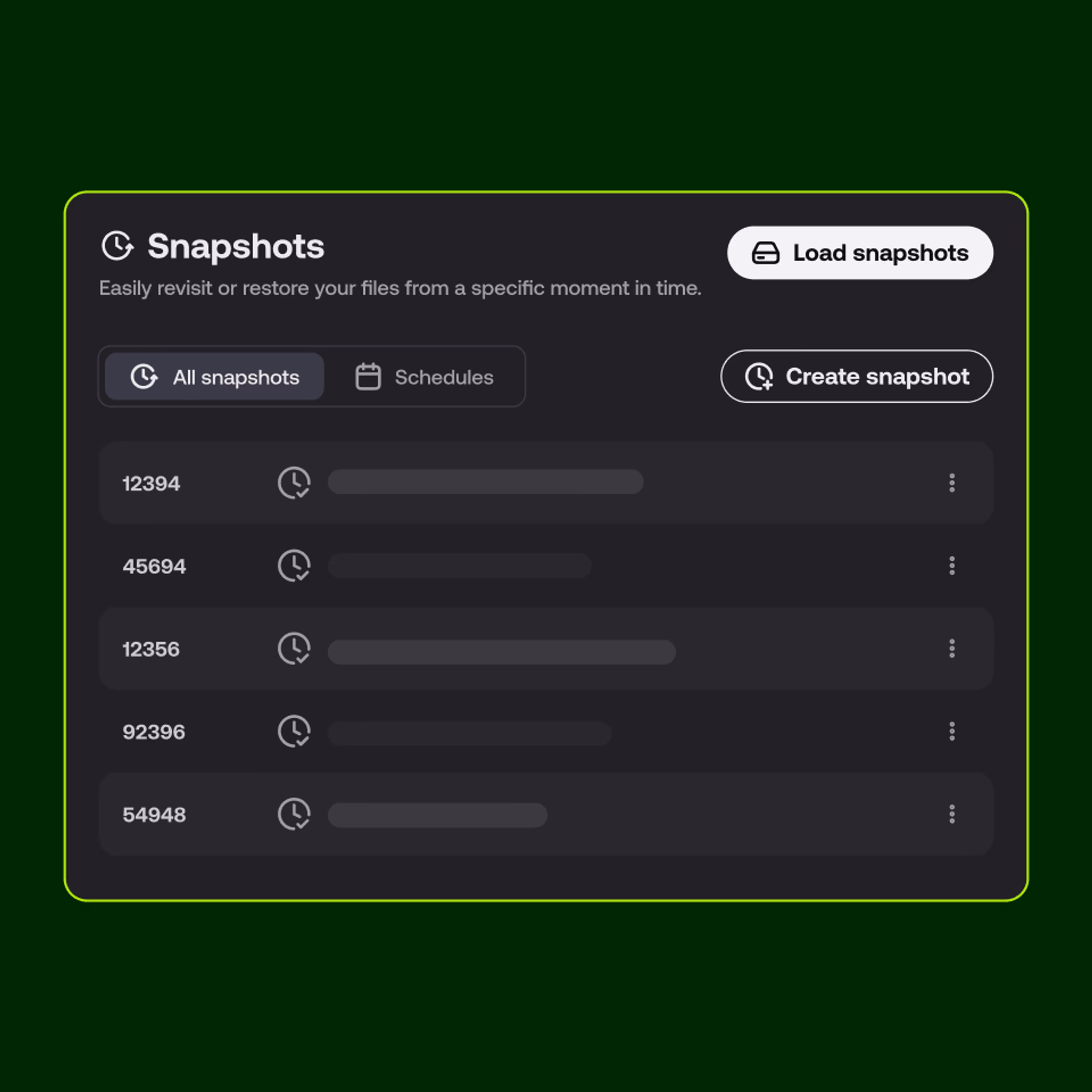Snapshots UI showing a list of file snapshots with options to load or create new ones.