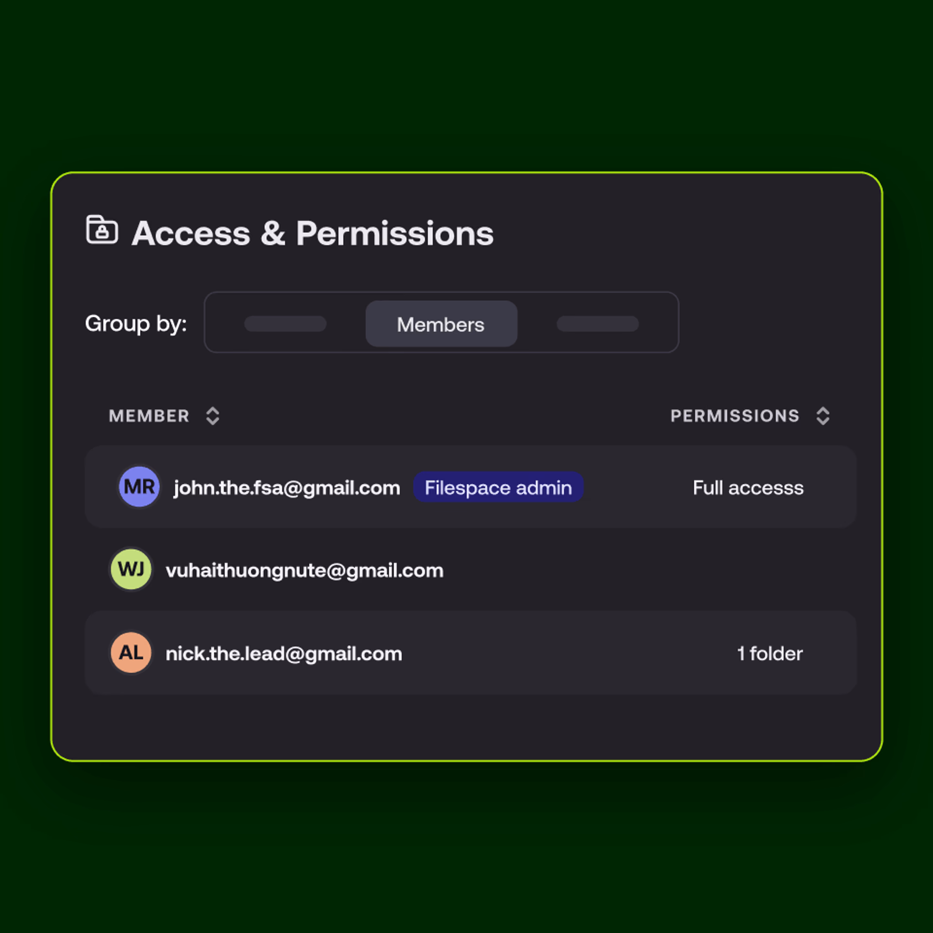 Access & Permissions UI showing team members and their permission levels.