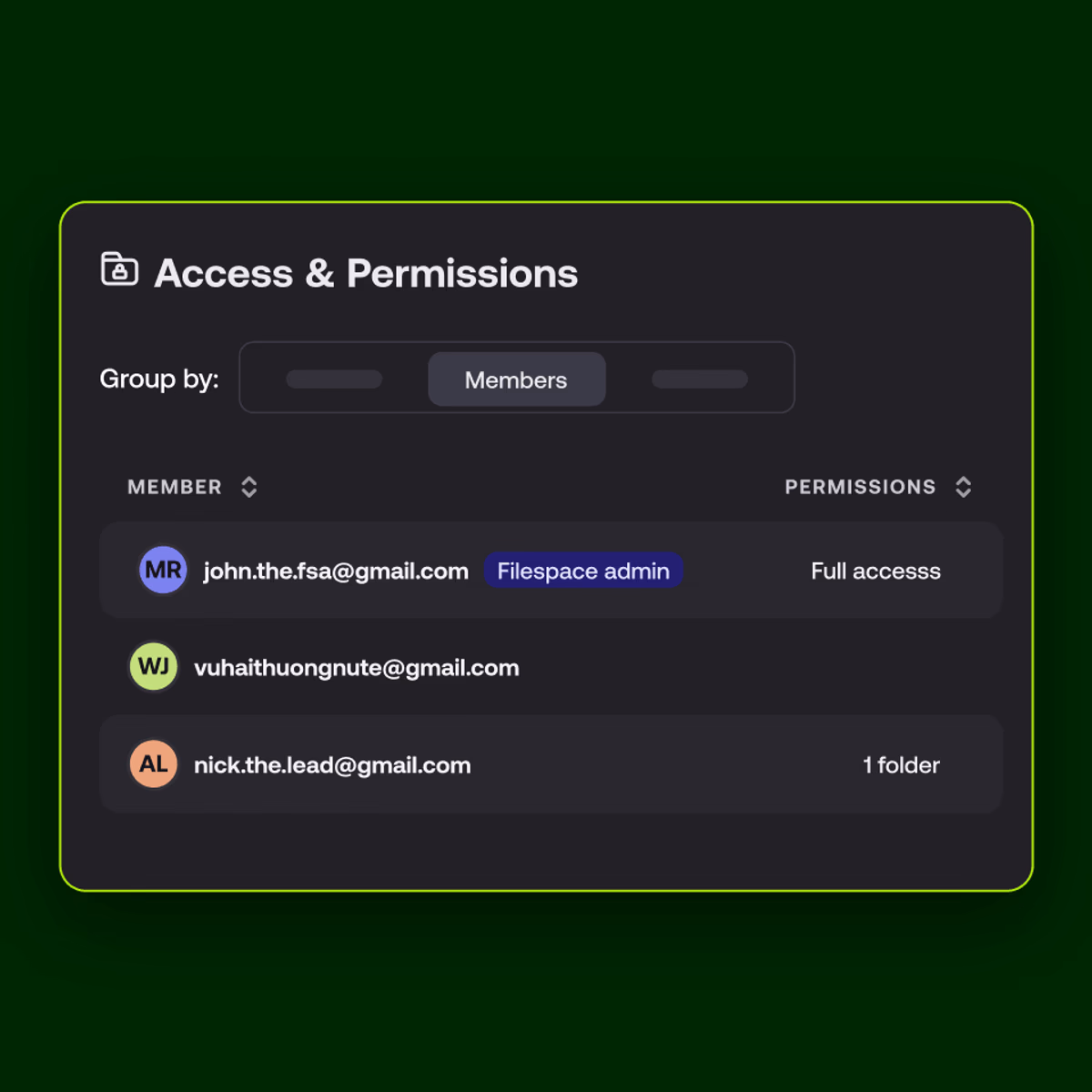 Access & Permissions UI showing team members and their permission levels.