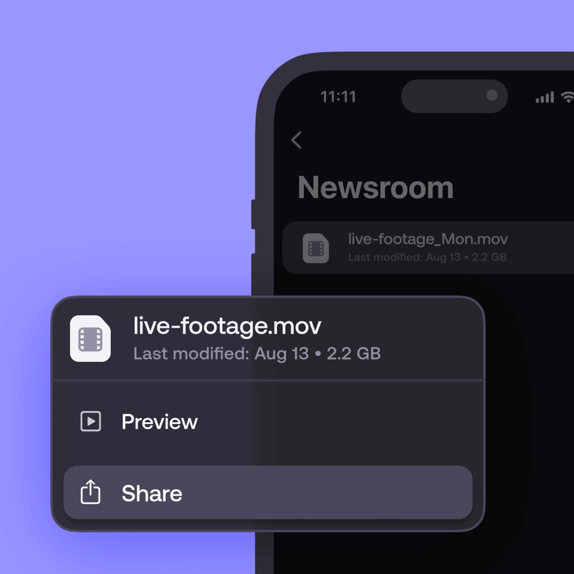 The LucidLink mobile app interface showing file options to preview or share a large video asset from a newsroom folder.