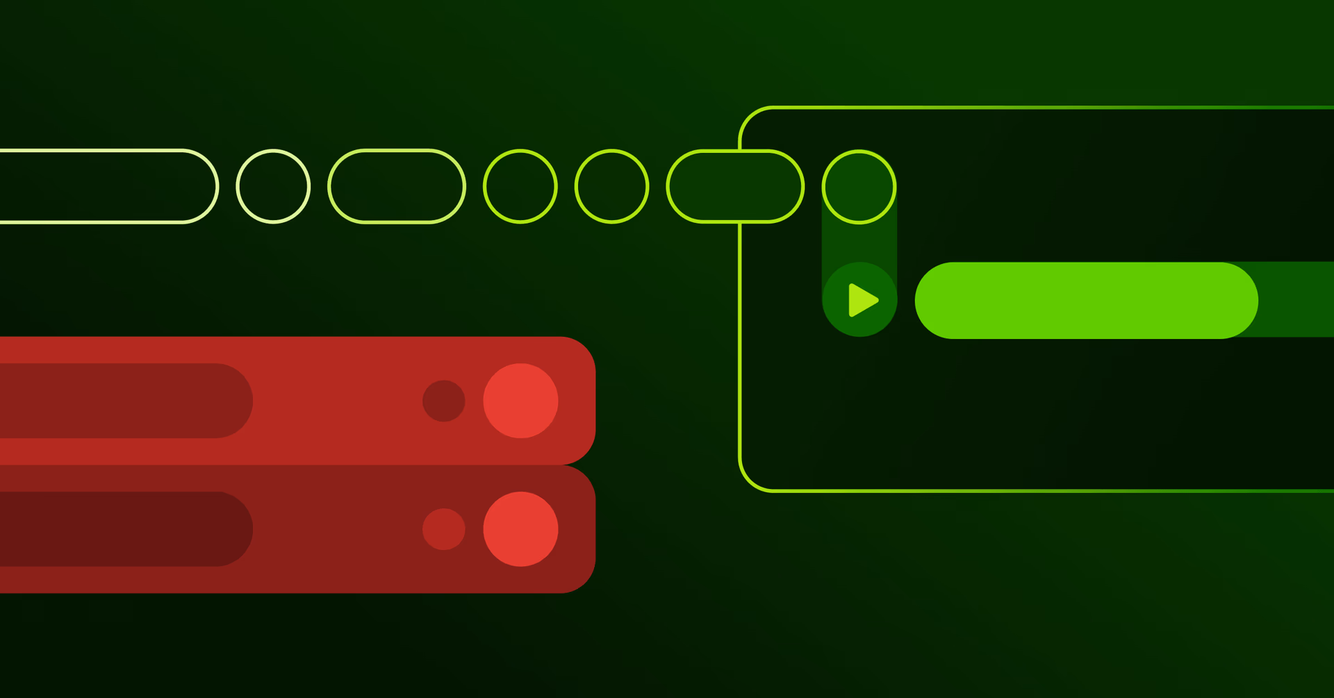 An abstract graphic on a dark green background contrasting red physical servers with a green digital timeline and video play icon.