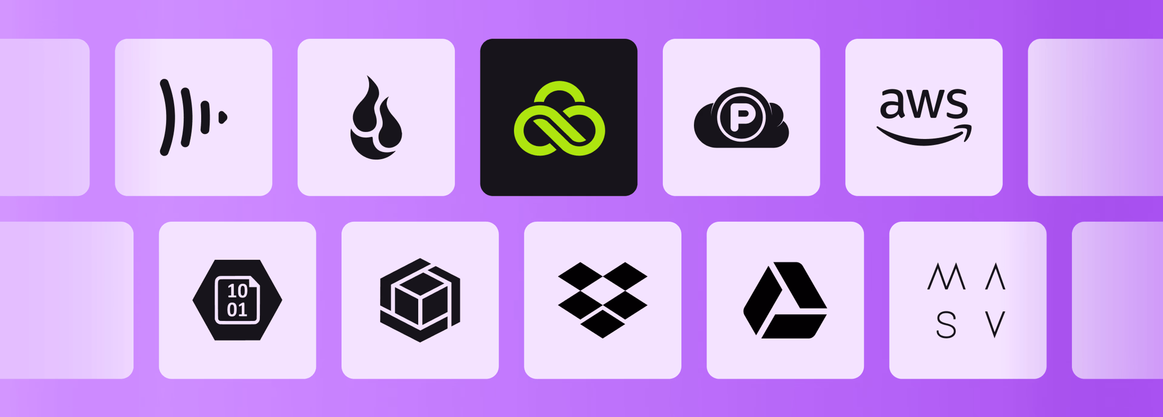 A grid of tech logos on a purple background, with LucidLink highlighted in the center alongside AWS, Dropbox, Google Drive, and other cloud providers.