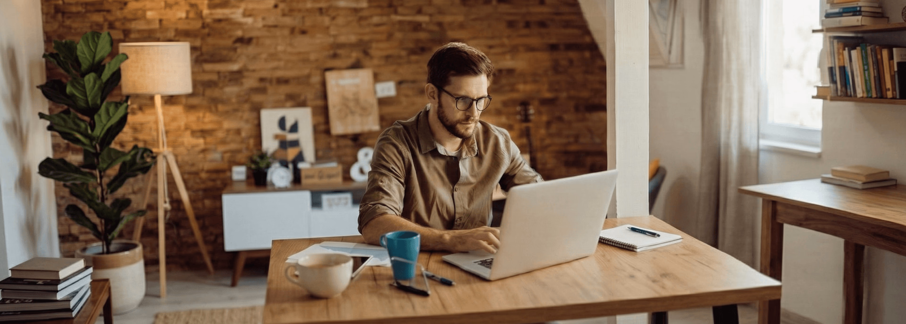 A man working on his laptop in his home office. 