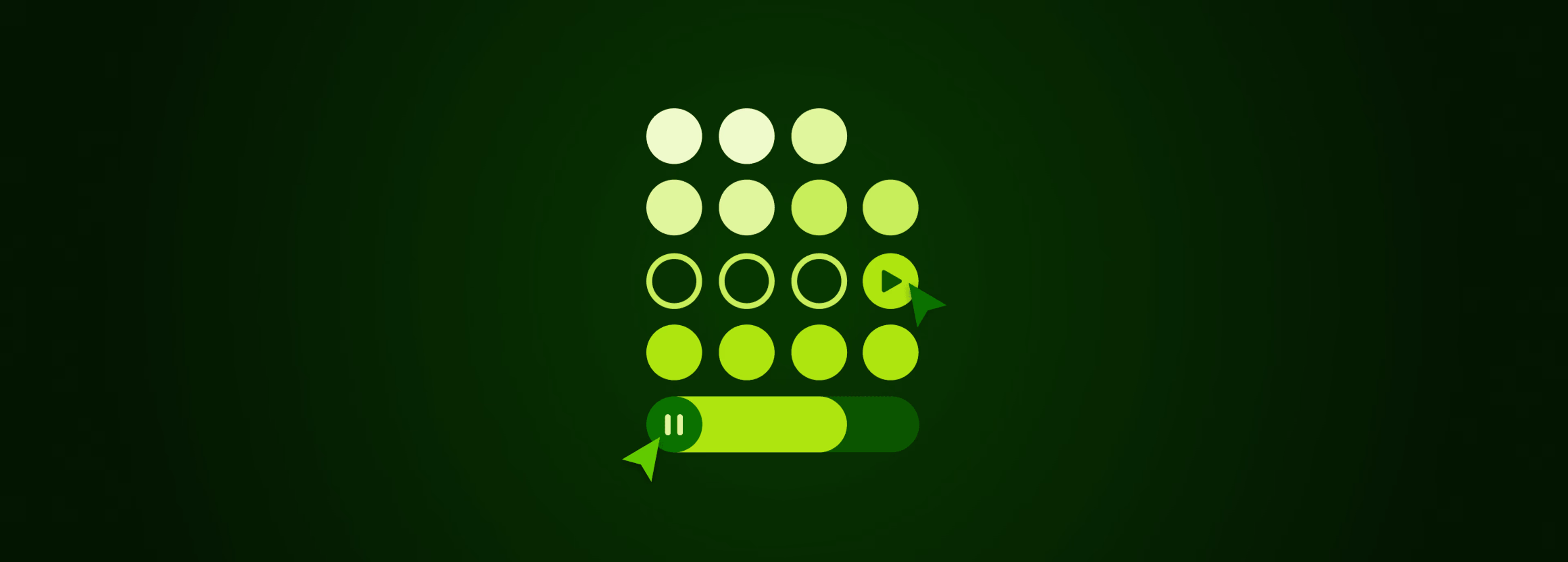 Digital illustration of a green grid interface with playback controls.