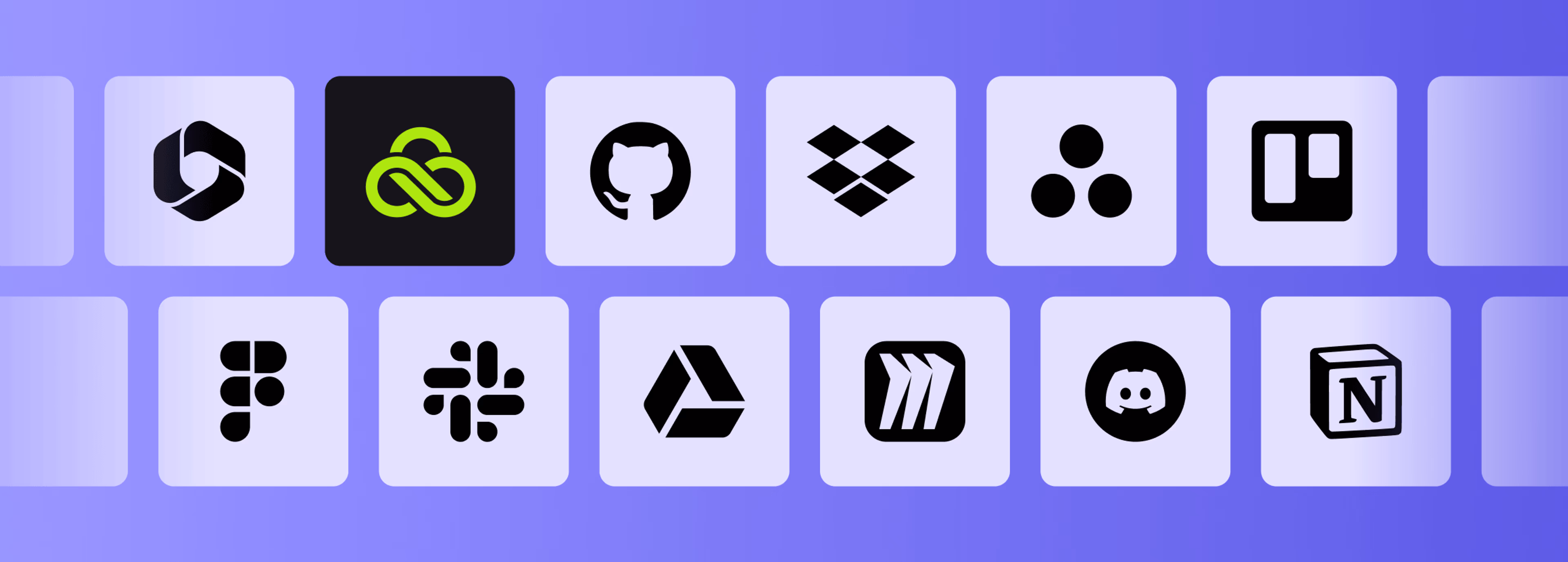 A grid of workspace app logos on a purple background, highlighting LucidLink alongside tools like GitHub, Slack, and Notion.
