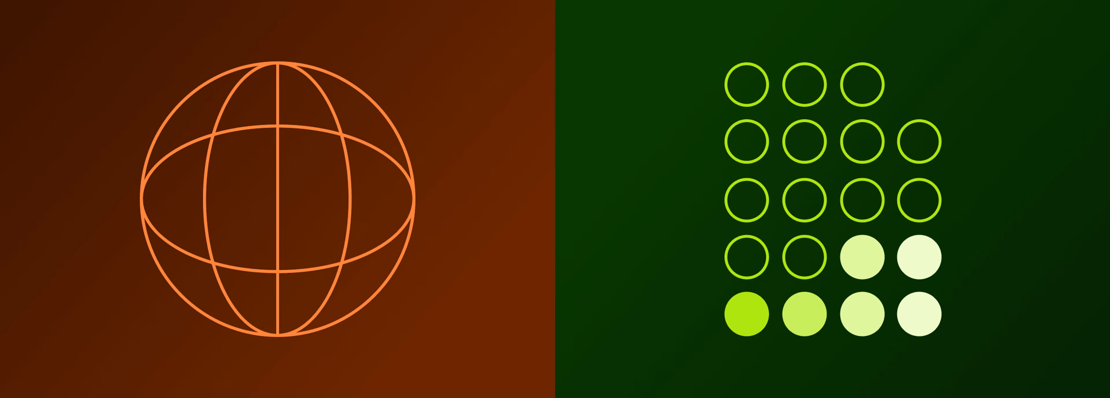 An abstract graphic contrasting an orange globe outline with a grid of green dots.