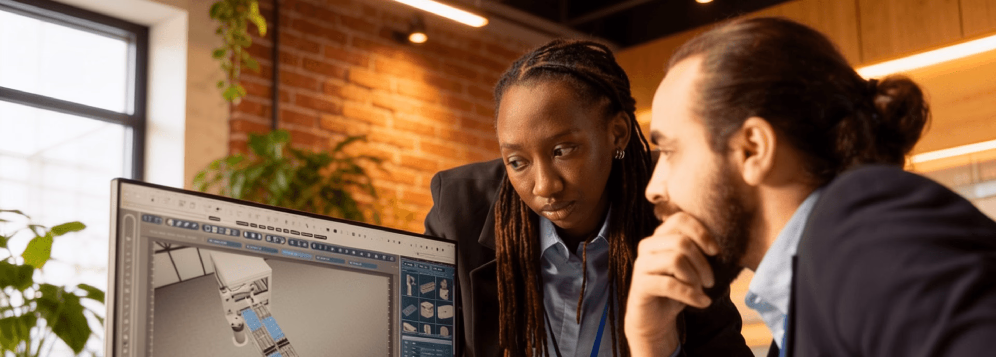 Two colleagues reviewing a 3D design on a computer screen in an office.