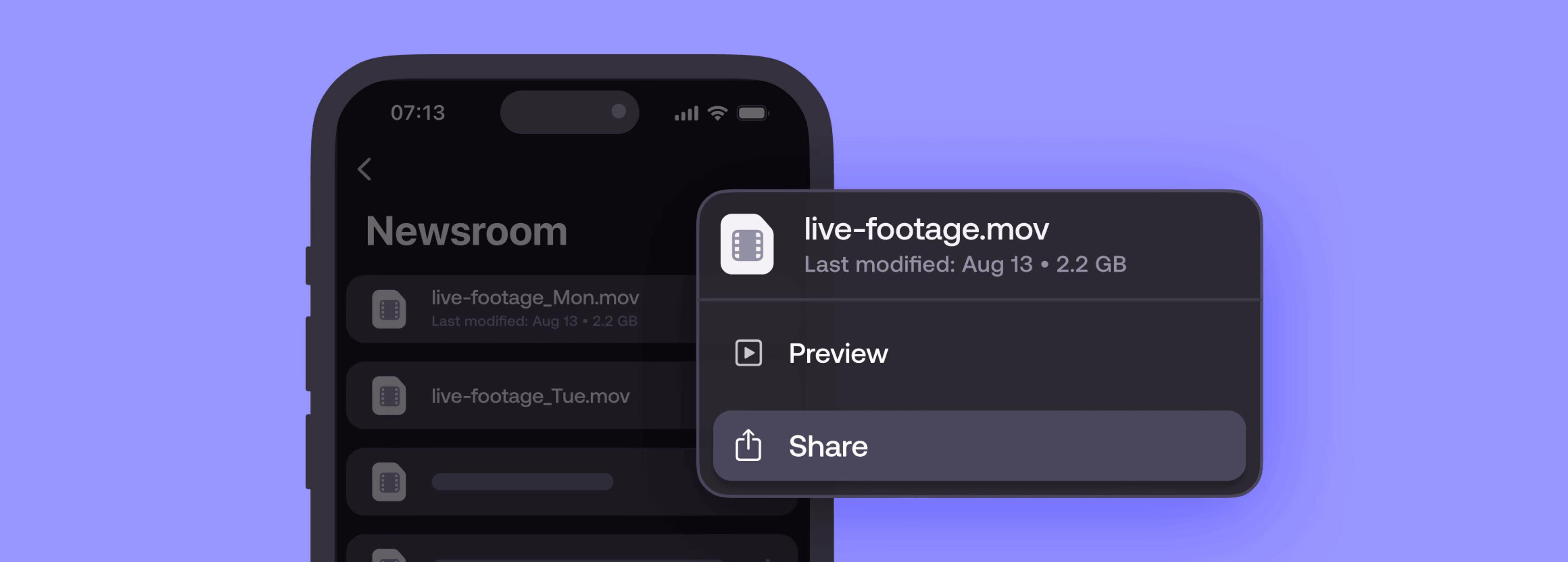 The LucidLink mobile app interface showing file options to preview or share a large video asset from a newsroom folder.