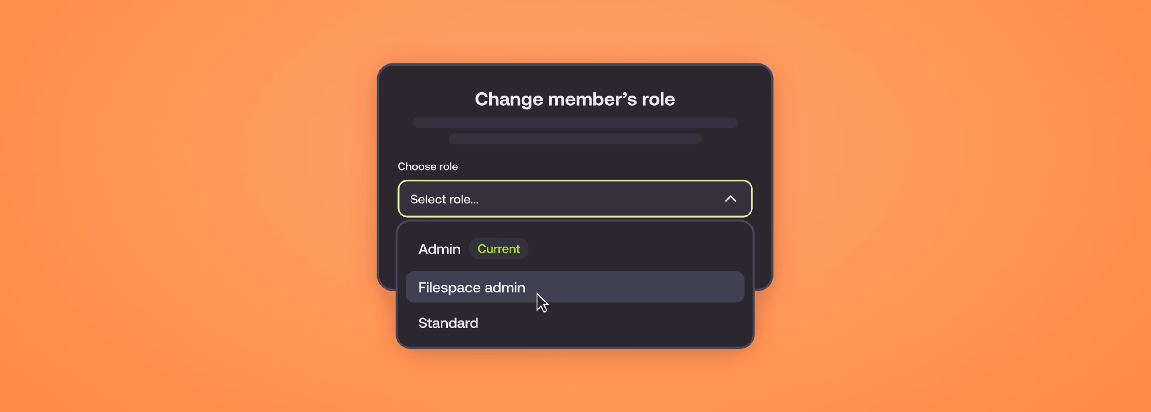 UI dropdown for changing a member's role with Admin, Filespace admin, and Standard options.