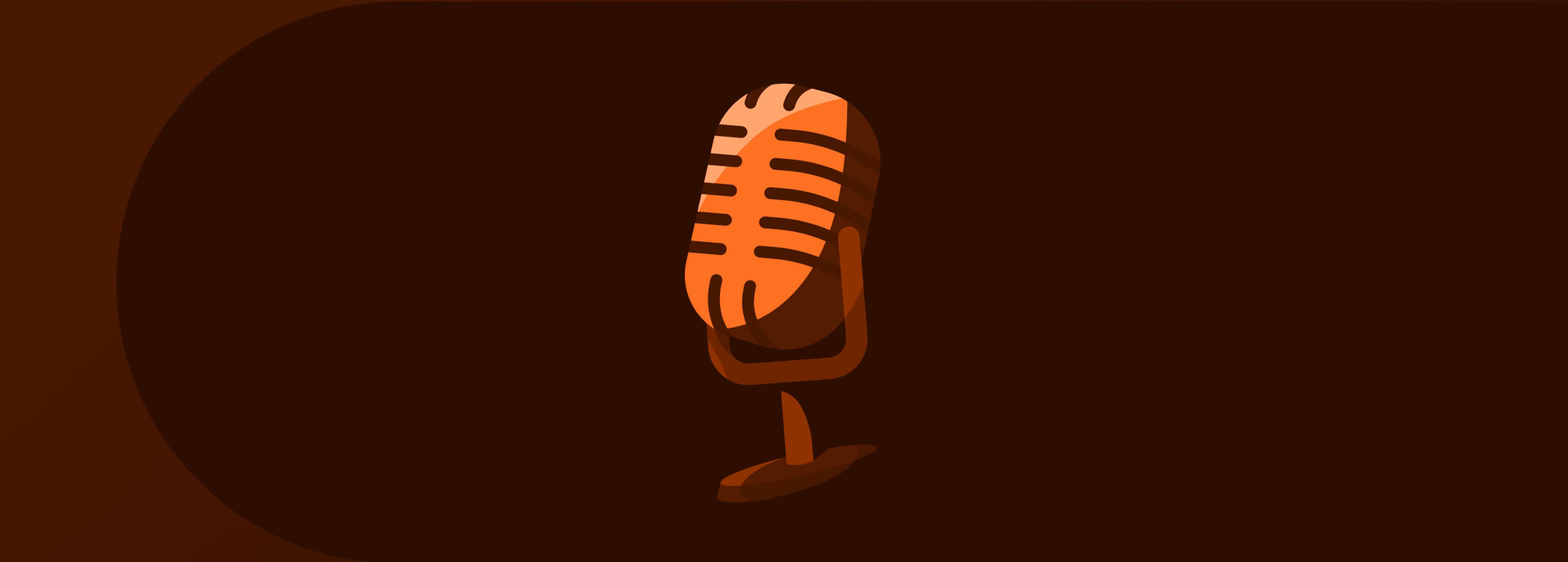 A podcast microphone on a dark orange background.