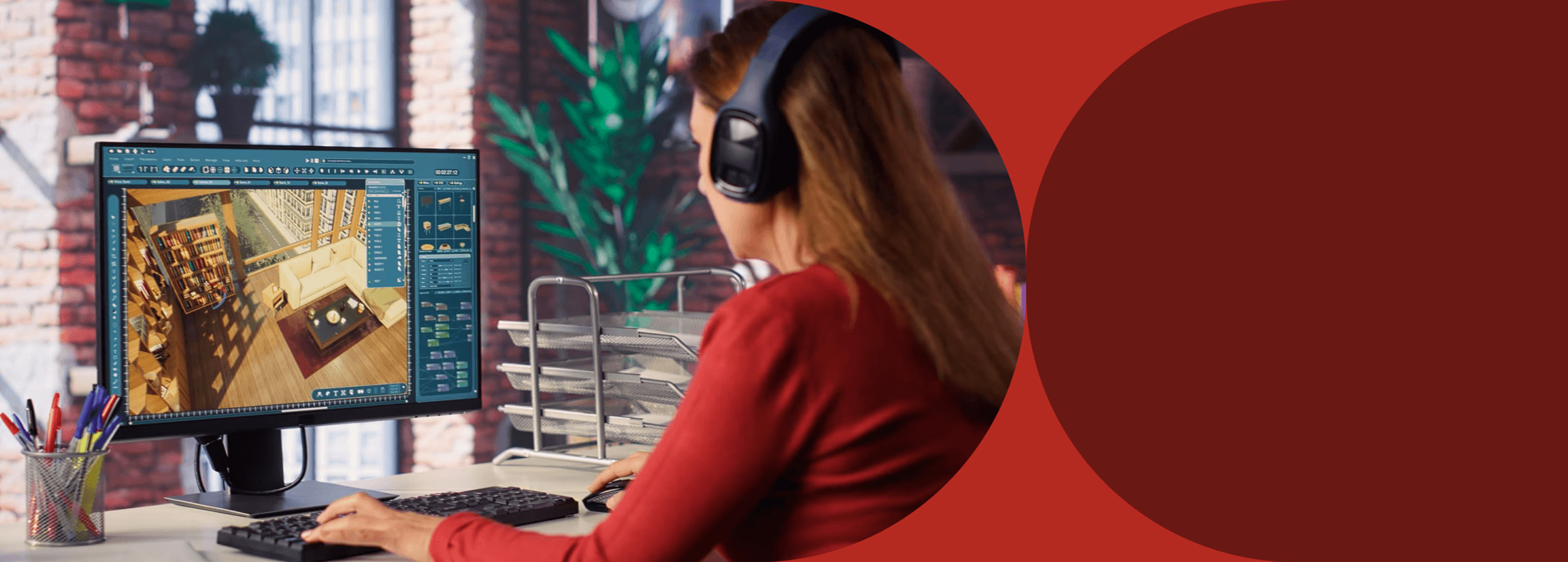 Woman with headphones working on a 3D interior scene in a game development or visualization software.