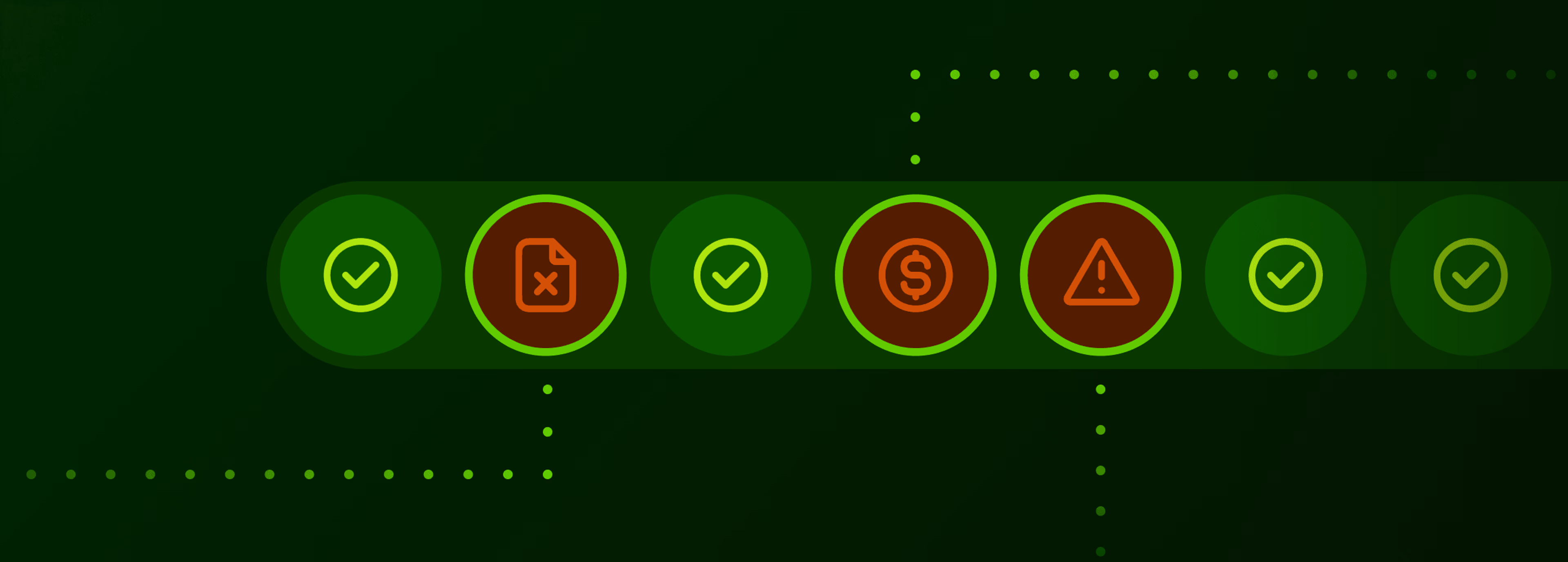 Pipeline of status icons showing checkmarks, file error, payment, and warning alerts.