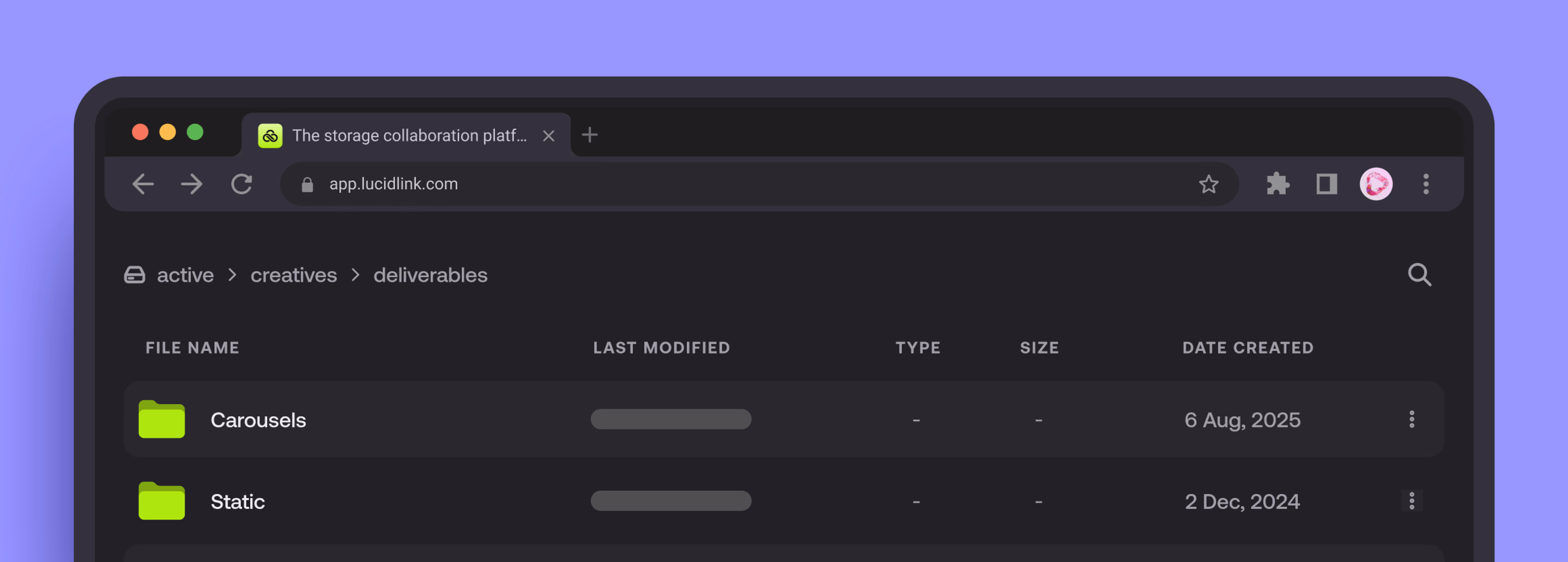 LucidLink web experience providing instant access to project folders and deliverable files.