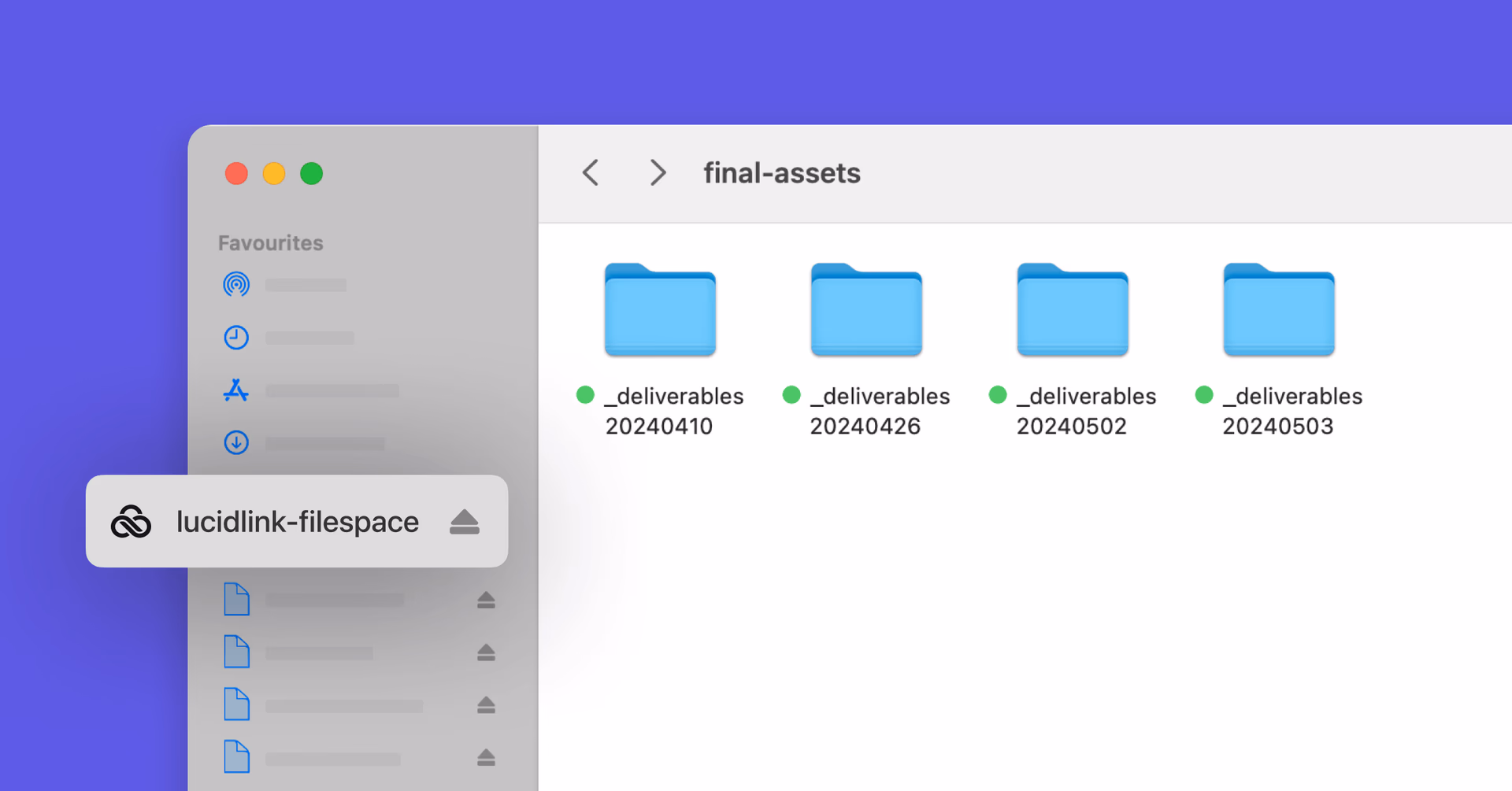 A desktop file browser interface showing project folders inside a cloud-mounted drive labeled lucidlink-filespace.