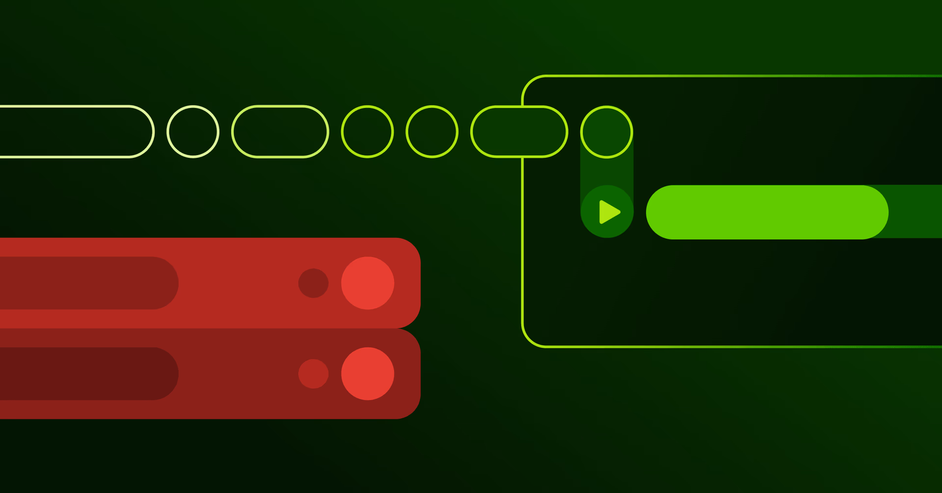 An abstract graphic on a dark green background contrasting red physical servers with a green digital chain and file player interface.