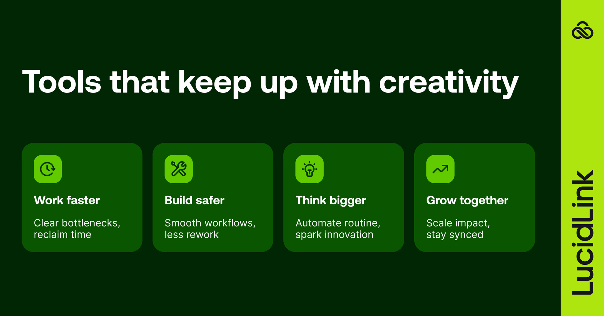Advantages of using LucidLink: save time, reduce risk, focus on creativity, and scale collaboration with a single working source.