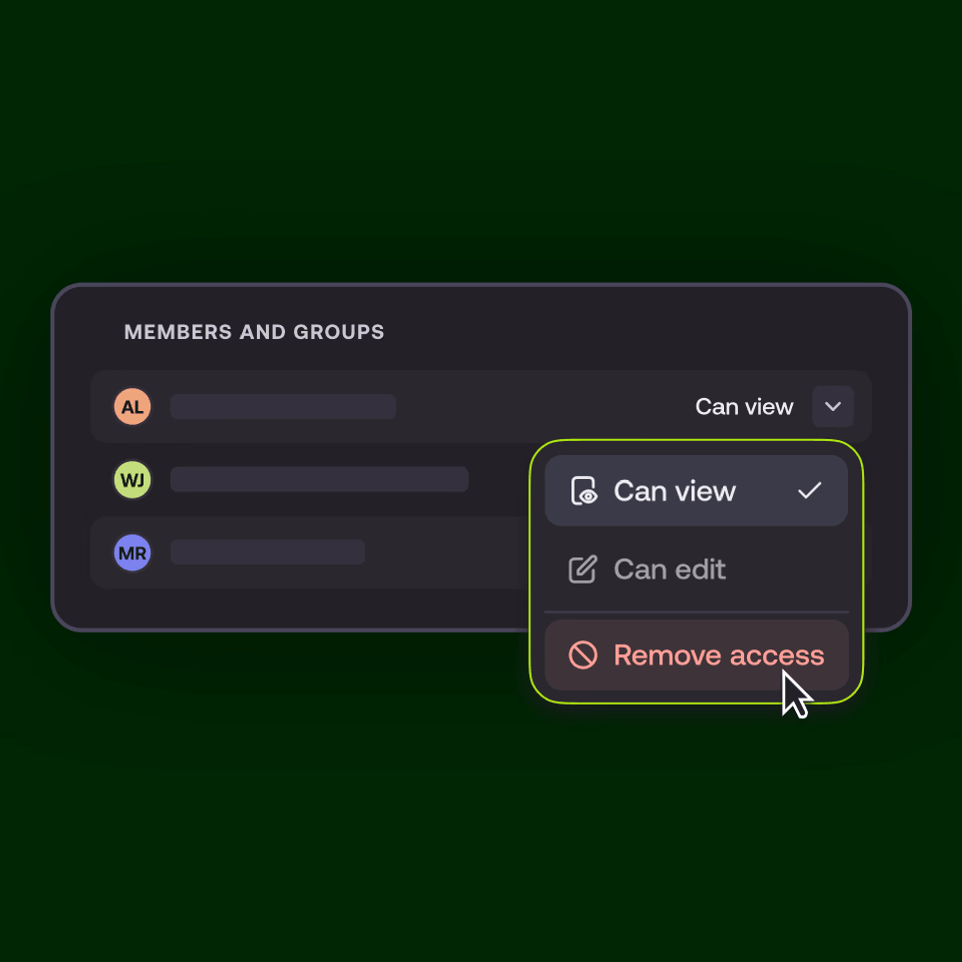 Members and Groups UI showing permission options including "Remove access".