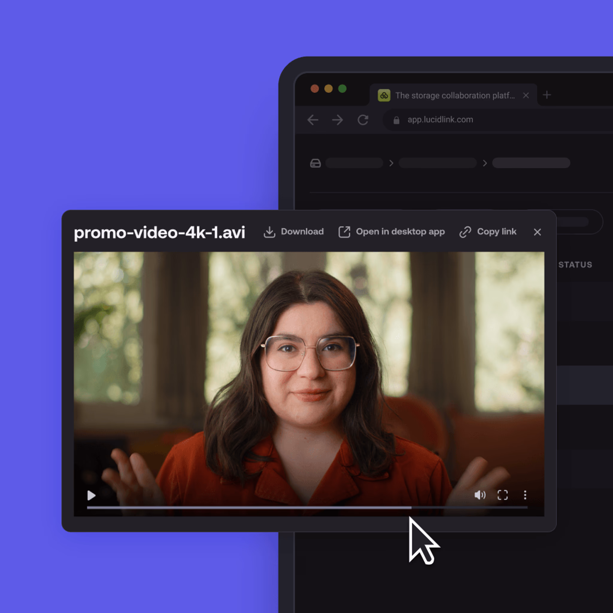 A 4K video file preview window in the LucidLink web app, showing instant streaming of a large .avi video file.