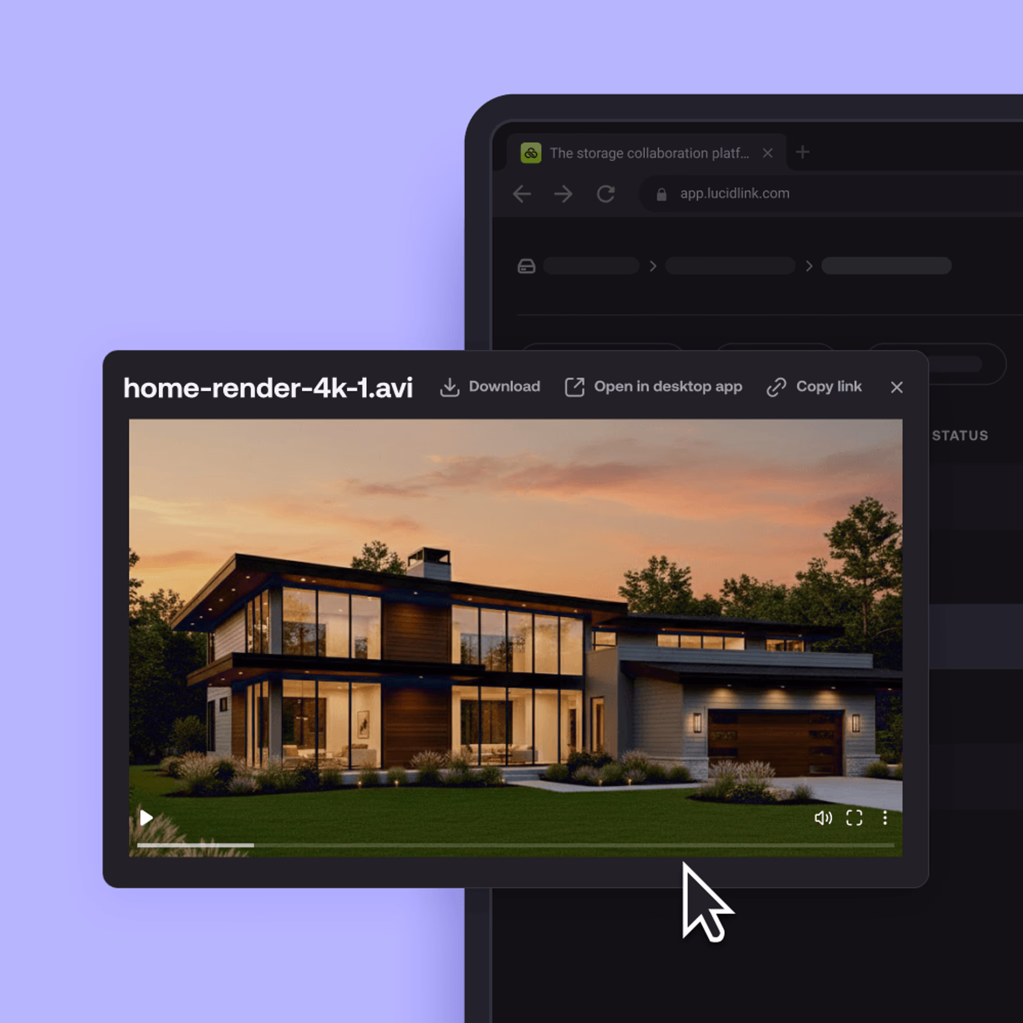 A dark-mode web preview player on a purple background displaying a 4K architectural video render file within the LucidLink web app interface.