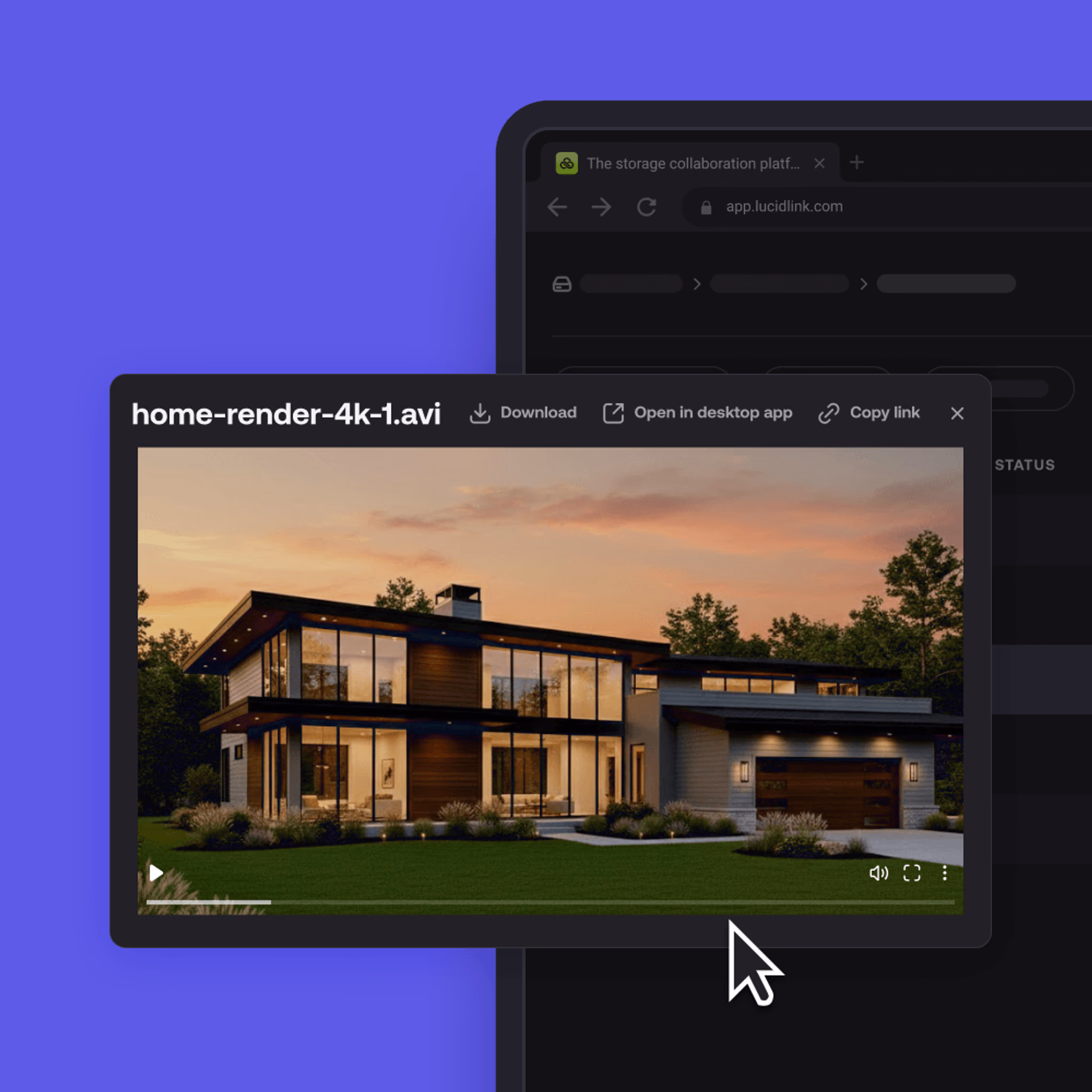 LucidLink web interface streaming a high-resolution 4K architectural home render video without downloading.