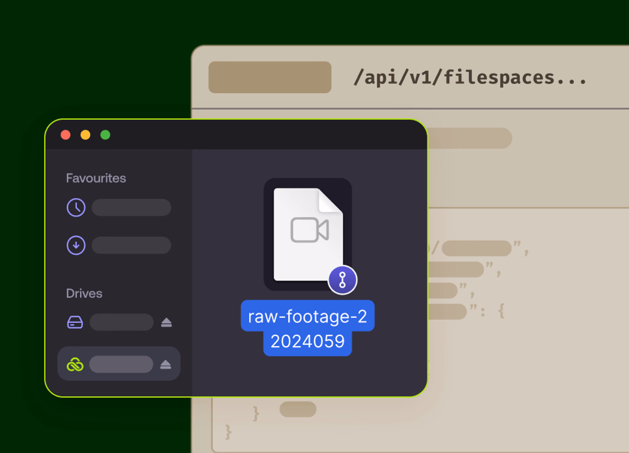 Mac Finder showing a LucidLink video file alongside an API endpoint in the background.
